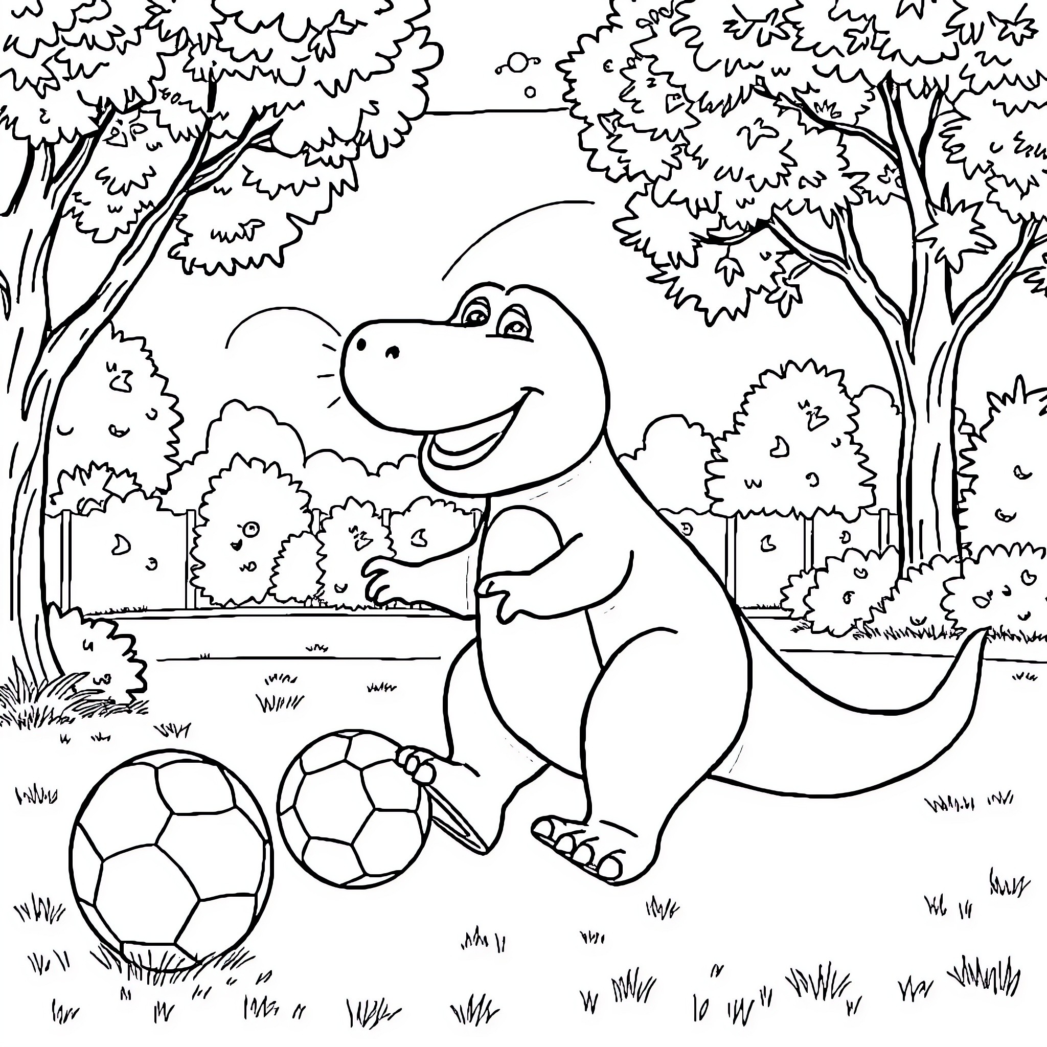 Barney having fun with soccer balls in the park Coloring Page (free black-and-white line drawing printable PDF for all, from beginners to advanced learners, including children, teens, adults, and seniors)