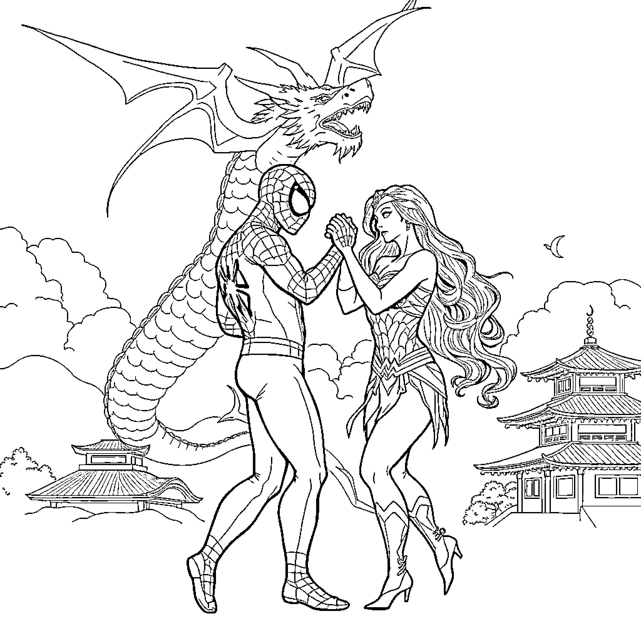 Spider-Man and Mythical Creature Encounter Coloring Page (free black-and-white line drawing printable PDF for all, from beginners to advanced learners, including children, teens, adults, and seniors)