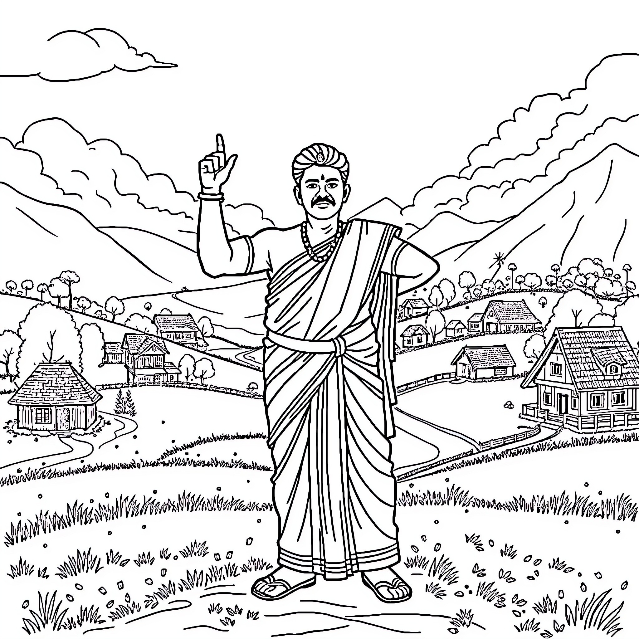 Minnal Murali, a superhero in action surrounded by a rural landscape Coloring Page (free black-and-white line drawing printable PDF for all, from beginners to advanced learners, including children, teens, adults, and seniors)