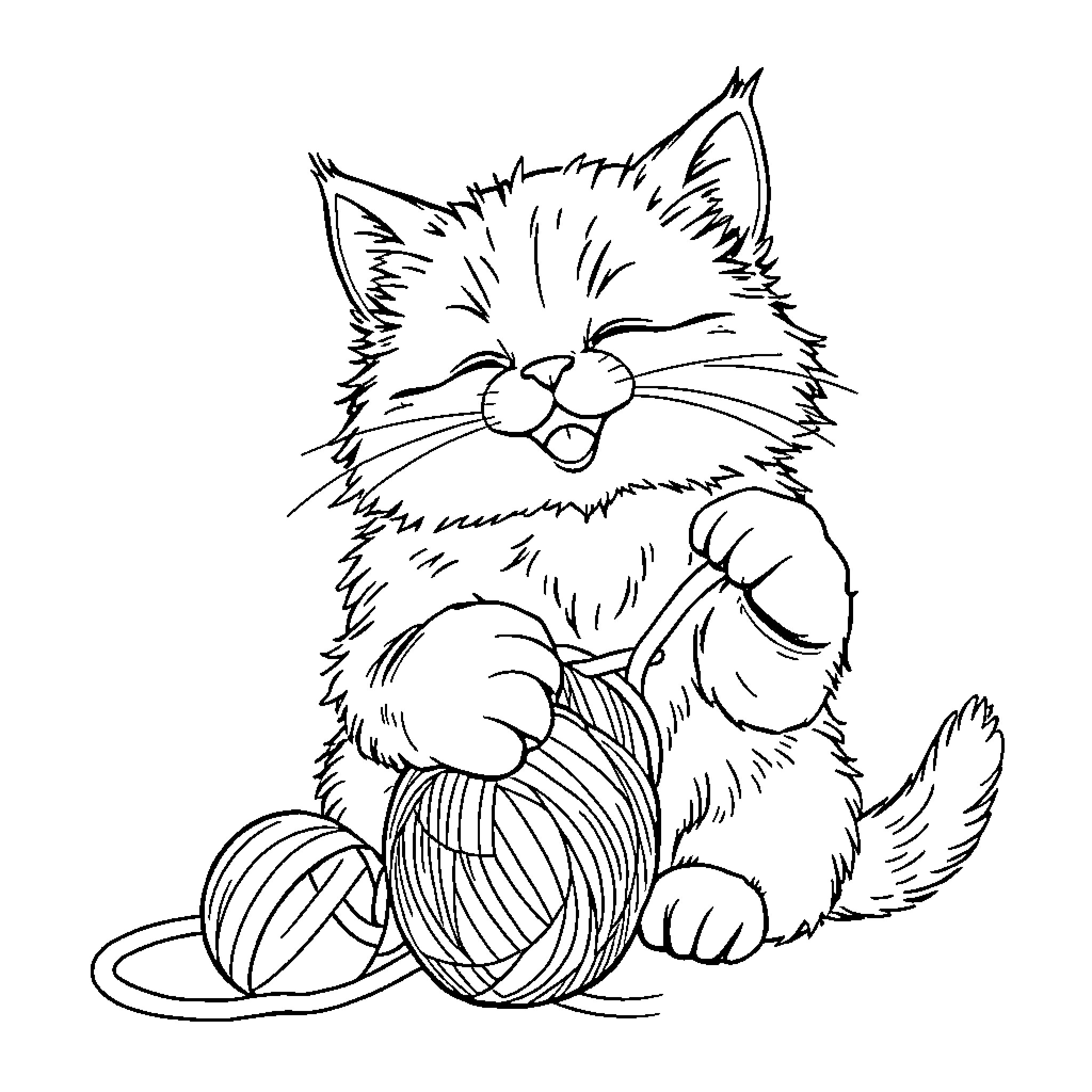 Cat playing with yarn in black and white Coloring Page (free black-and-white line drawing printable PDF for all, from beginners to advanced learners, including children, teens, adults, and seniors)