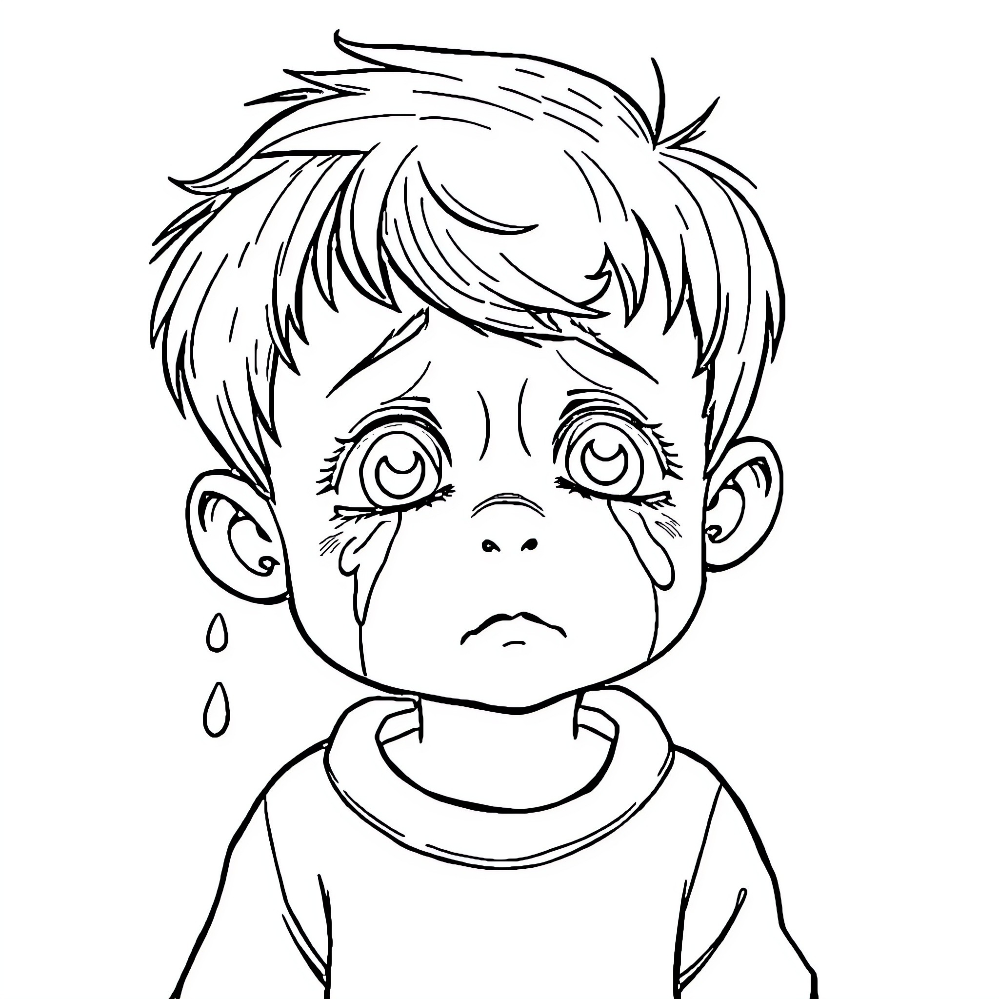 Boy expressing sadness with tears in his eyes Coloring Page (free black-and-white line drawing printable PDF for all, from beginners to advanced learners, including children, teens, adults, and seniors)