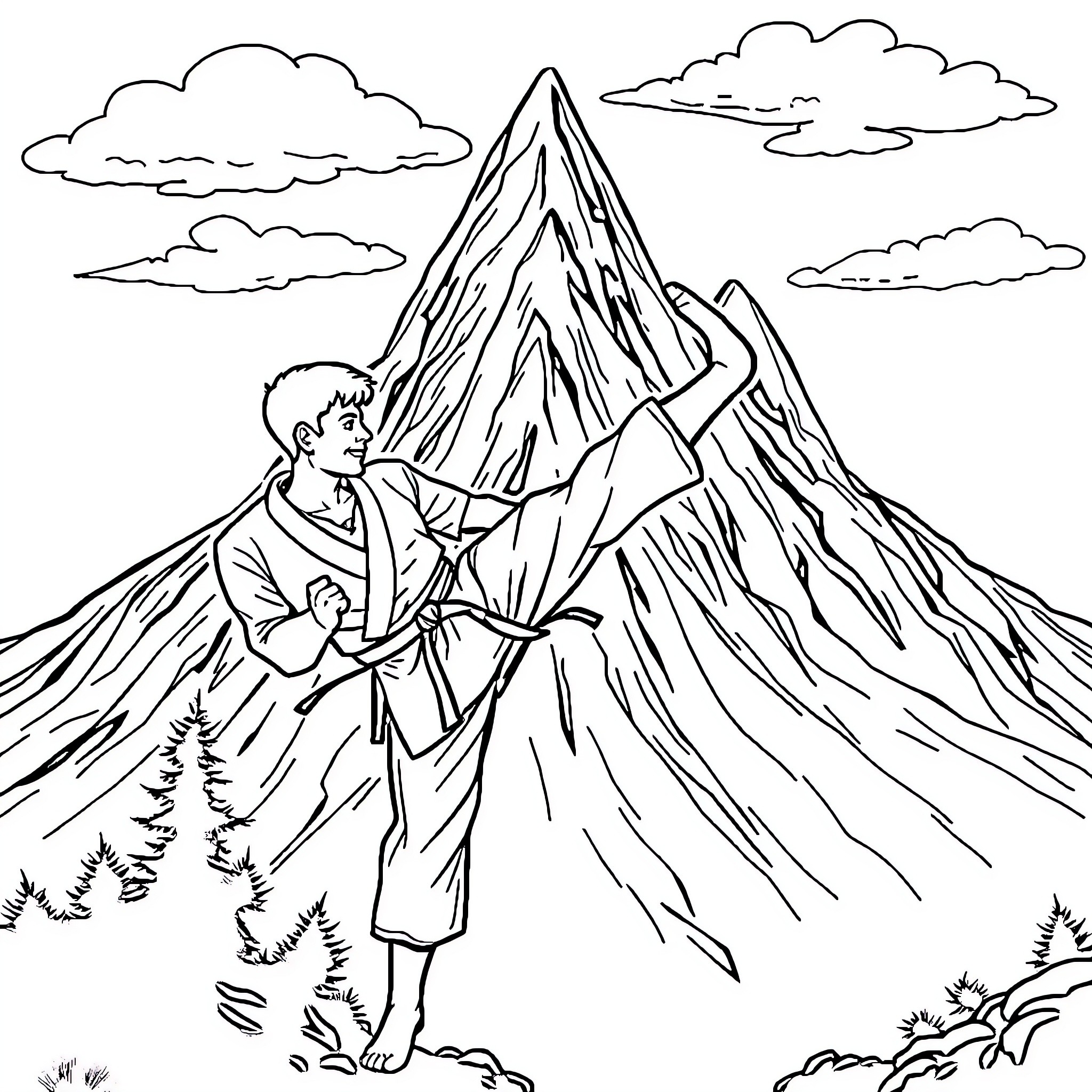 Karate practitioner in mountainous landscape Coloring Page (free black-and-white line drawing printable PDF for all, from beginners to advanced learners, including children, teens, adults, and seniors)
