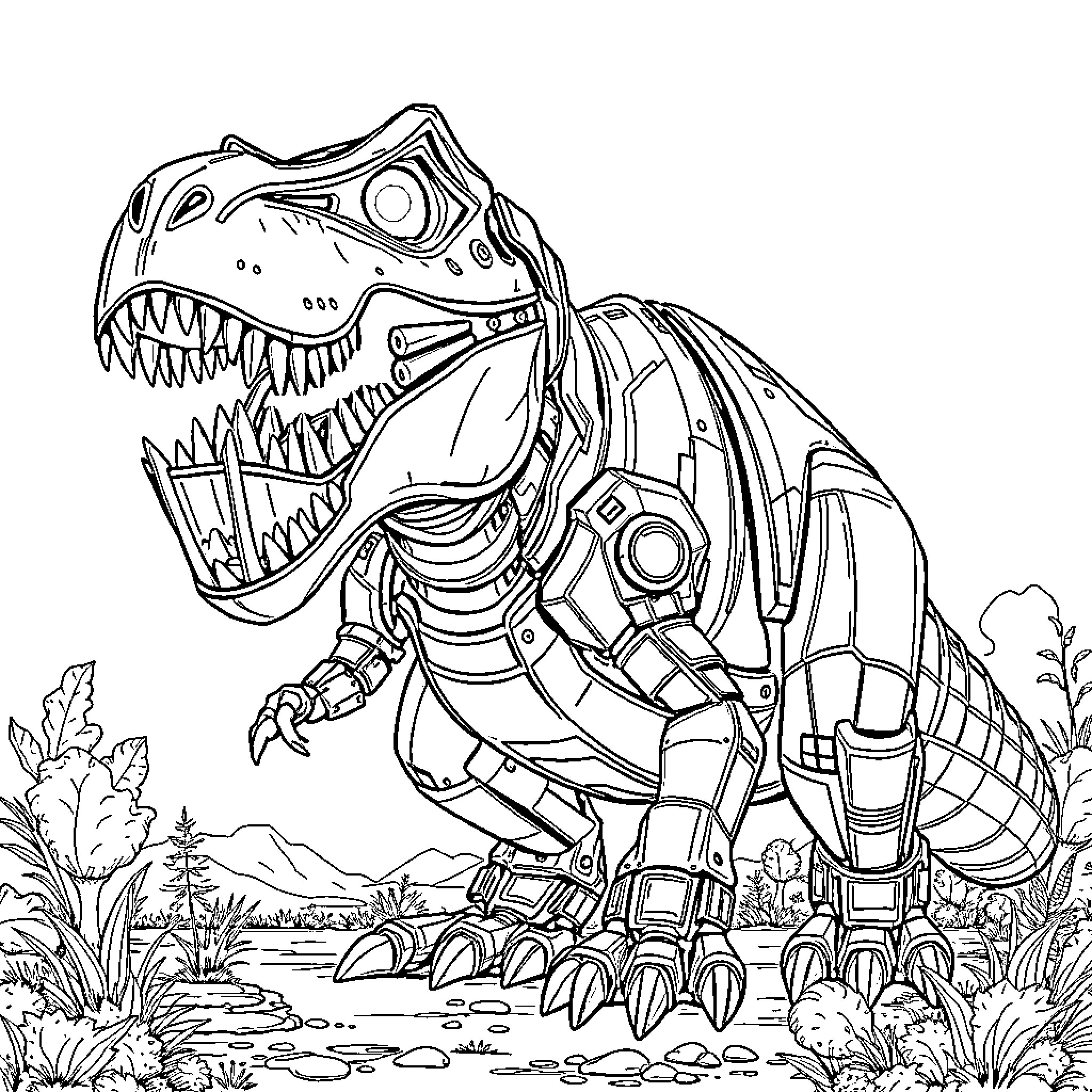 T-Rex Robot Stomping Through the Wilderness Coloring Page (free black-and-white line drawing printable PDF for all, from beginners to advanced learners, including children, teens, adults, and seniors)
