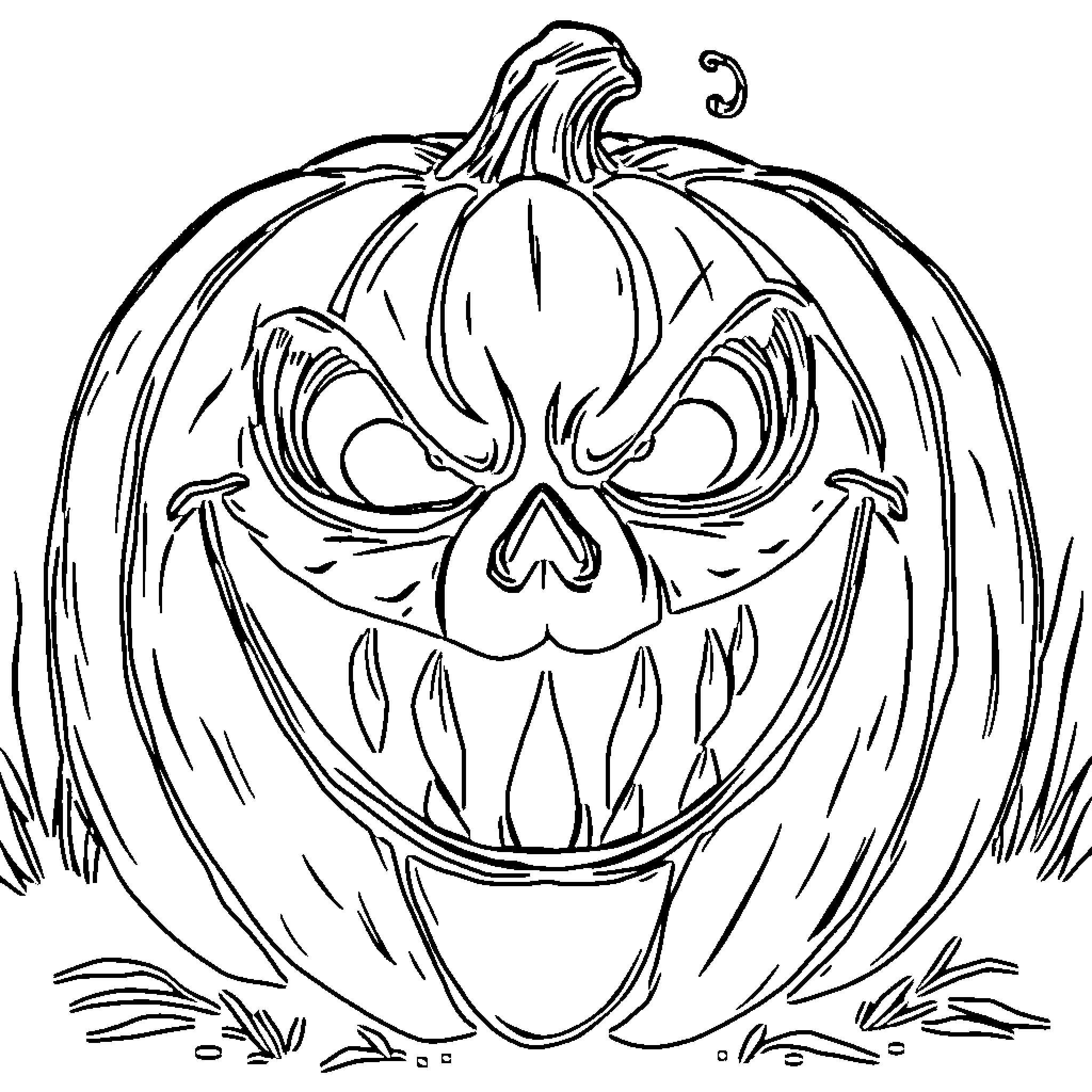 Pumpkin with Frightening Face Coloring Page (free black-and-white line drawing printable PDF for all, from beginners to advanced learners, including children, teens, adults, and seniors)