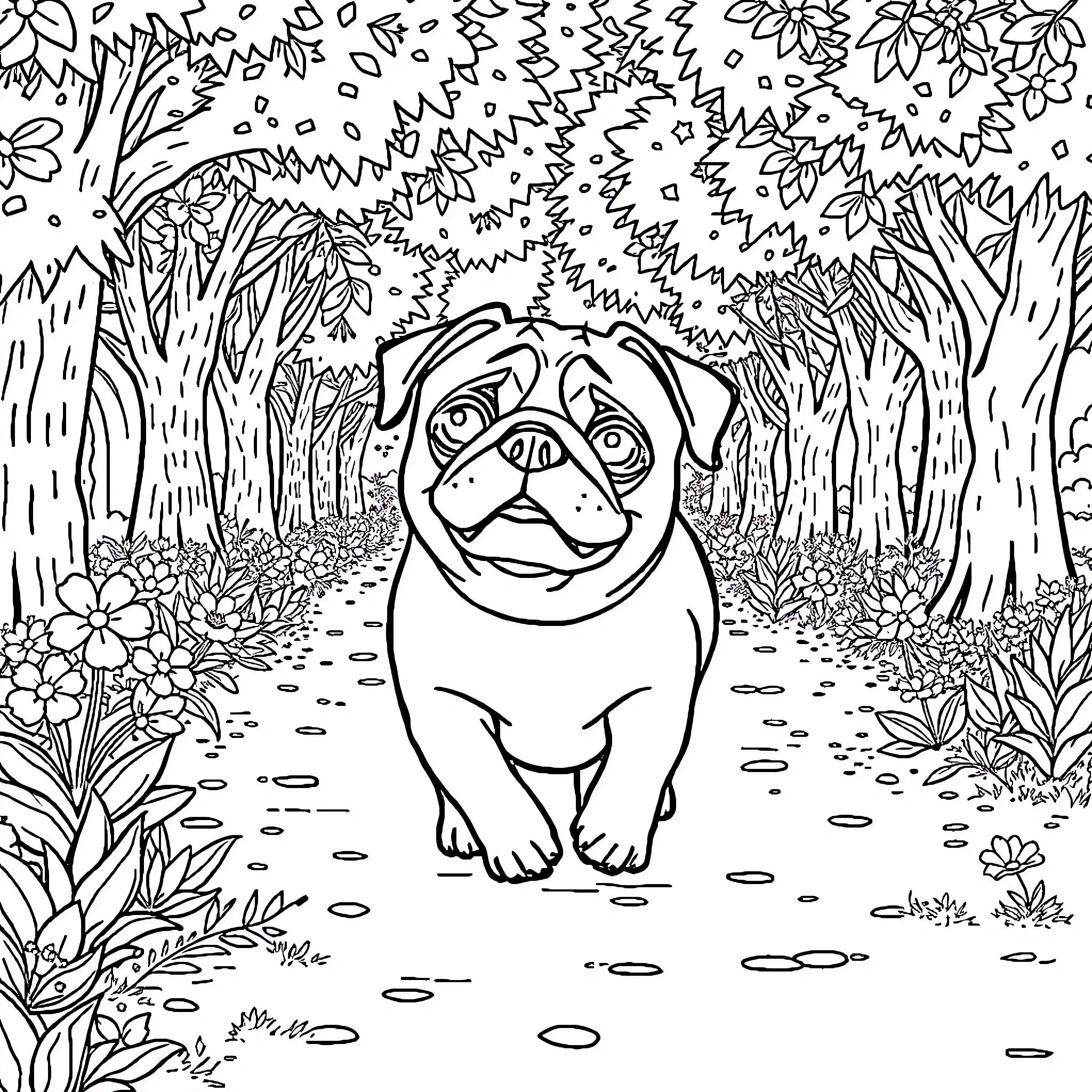 Pug exploring the lush garden Coloring Page (free black-and-white line drawing printable PDF for all, from beginners to advanced learners, including children, teens, adults, and seniors)