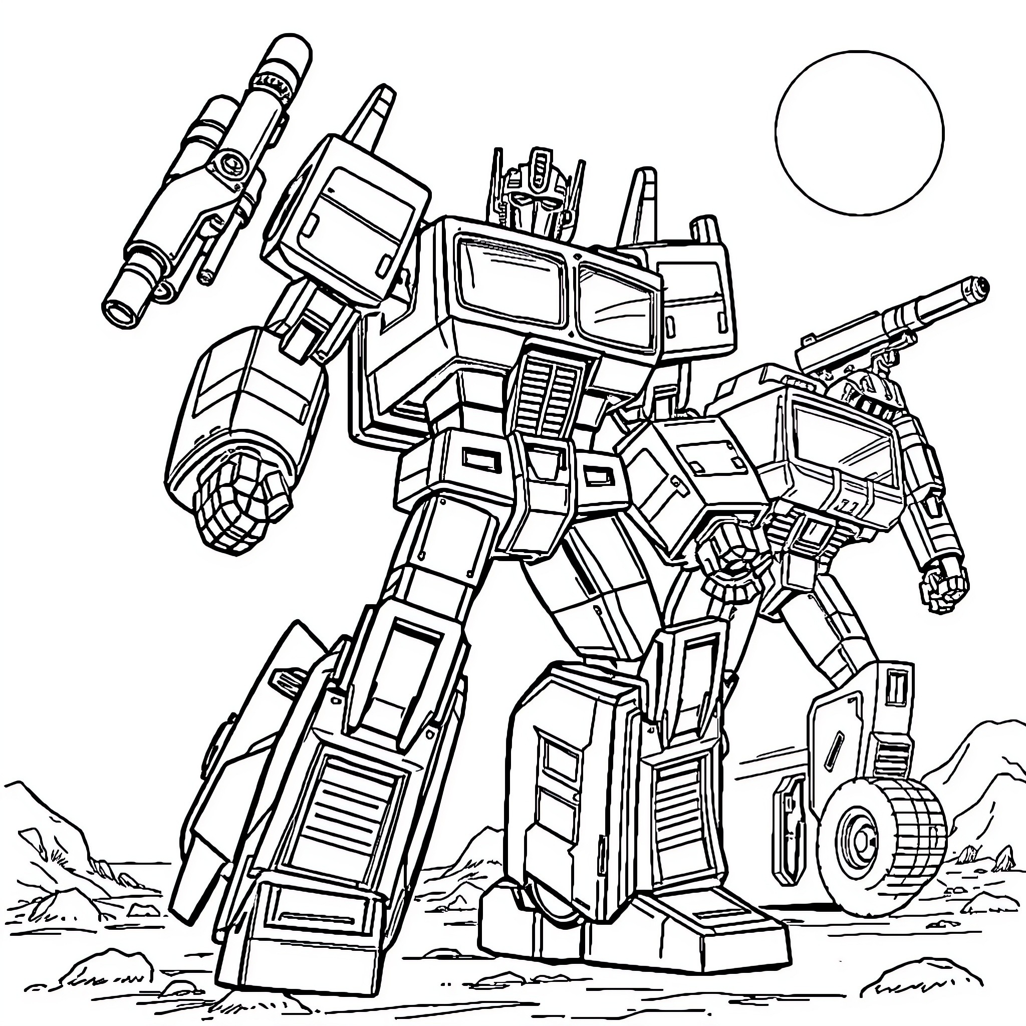Transformer robot in action with weapons Coloring Page (free black-and-white line drawing printable PDF for all, from beginners to advanced learners, including children, teens, adults, and seniors)