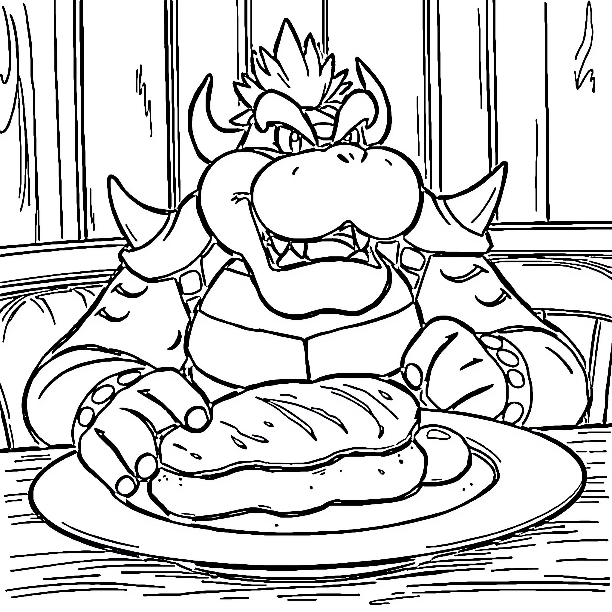Bowser enjoying a hearty meal Coloring Page (free black-and-white line drawing printable PDF for all, from beginners to advanced learners, including children, teens, adults, and seniors)