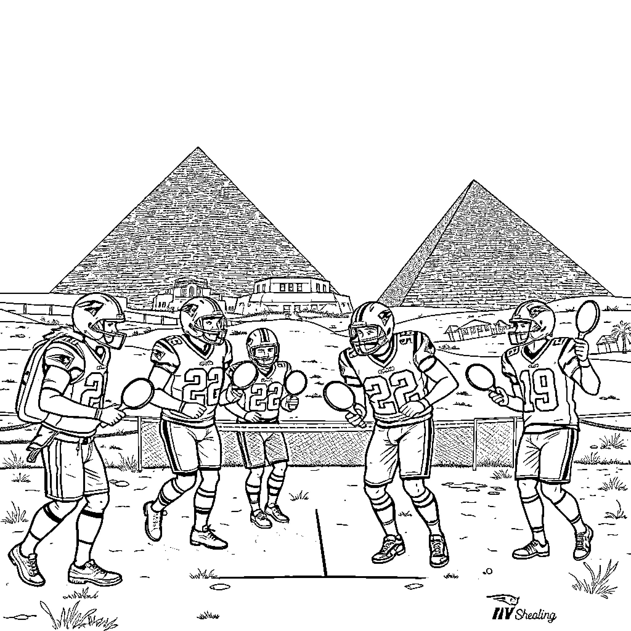 New England Patriots players in football game by the Pyramids Coloring Page (free black-and-white line drawing printable PDF for all, from beginners to advanced learners, including children, teens, adults, and seniors)