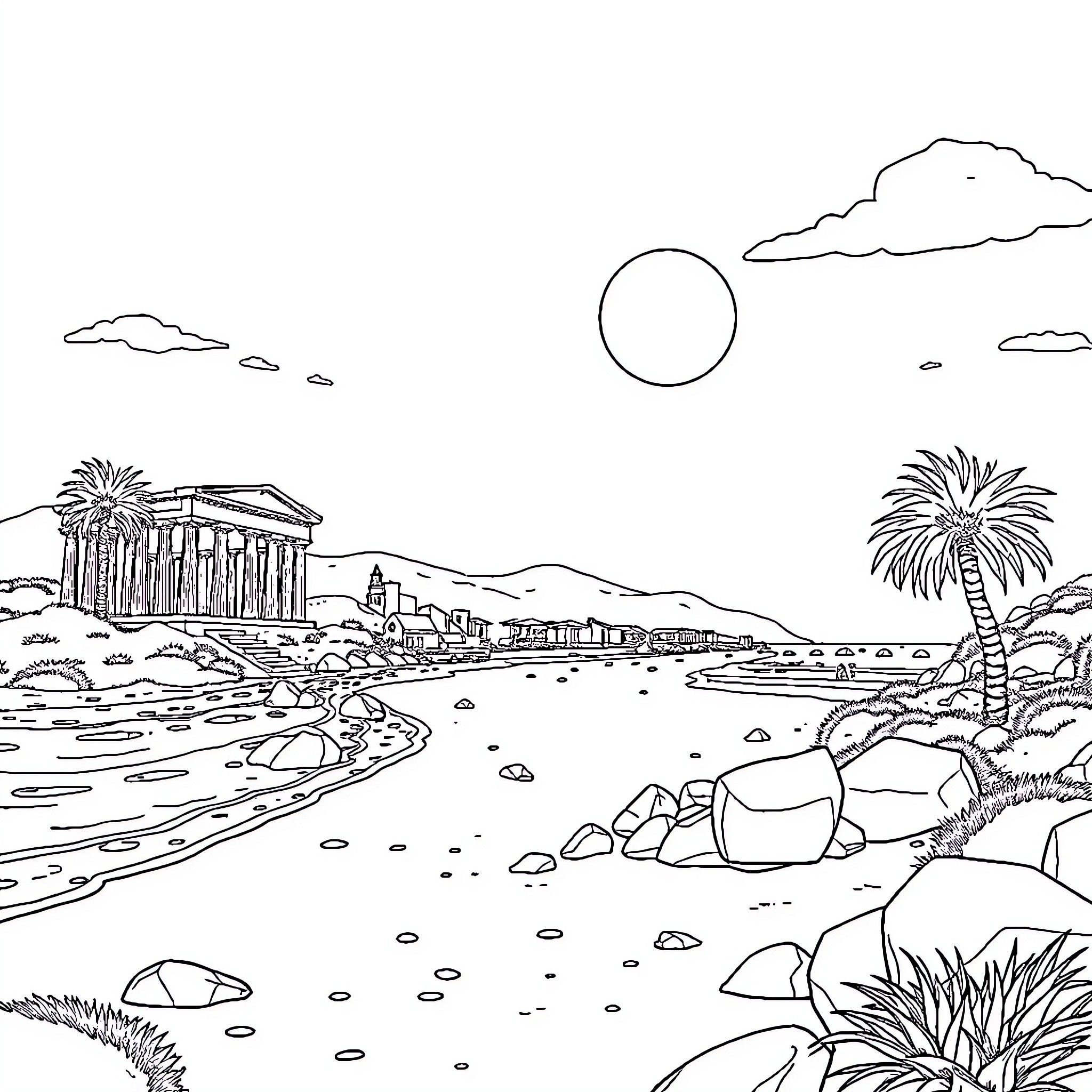 Greece scenic landscape with ancient ruins and palm trees Coloring Page (free black-and-white line drawing printable PDF for all, from beginners to advanced learners, including children, teens, adults, and seniors)