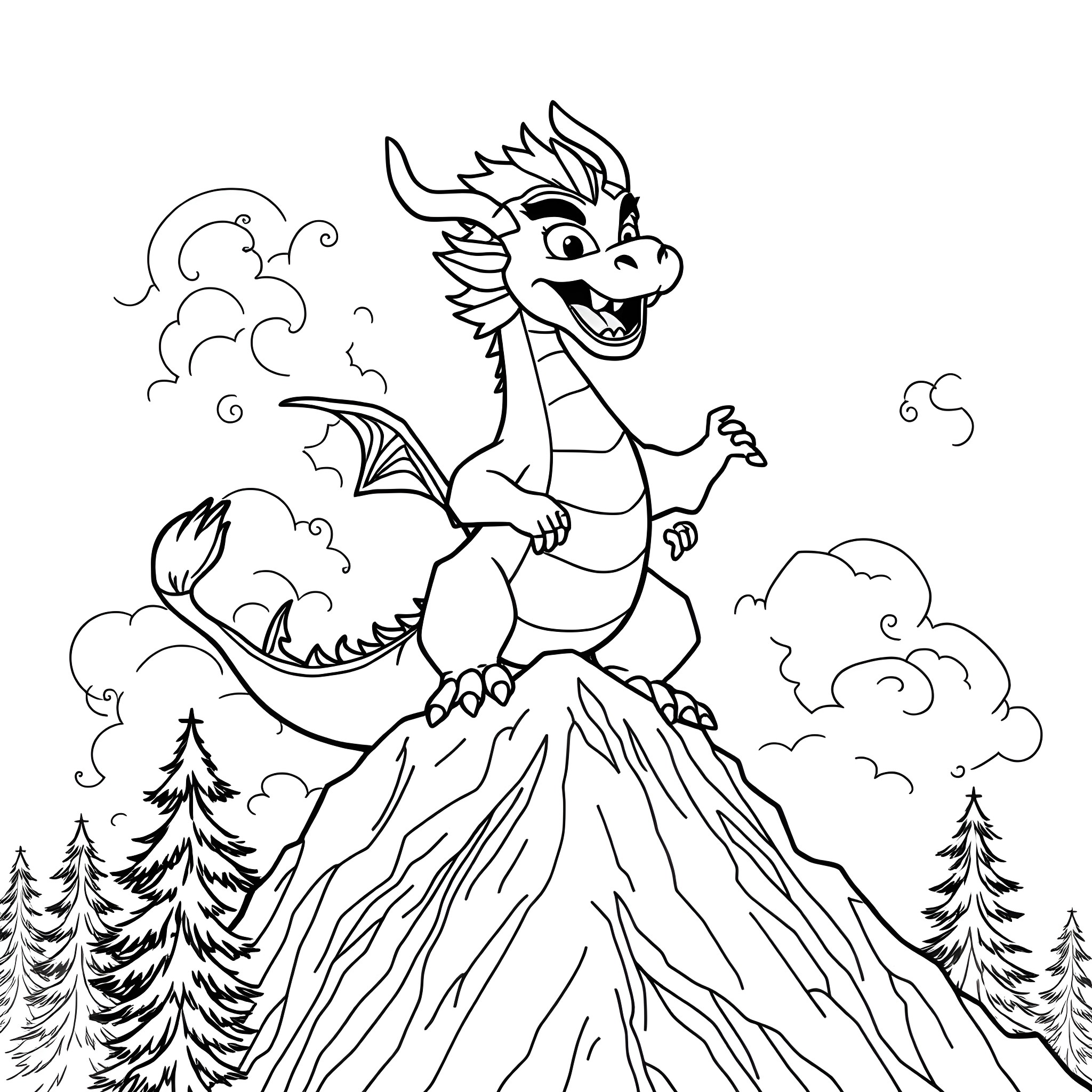Mushu the playful dragon soaring over the mountains Coloring Page (free black-and-white line drawing printable PDF for all, from beginners to advanced learners, including children, teens, adults, and seniors)