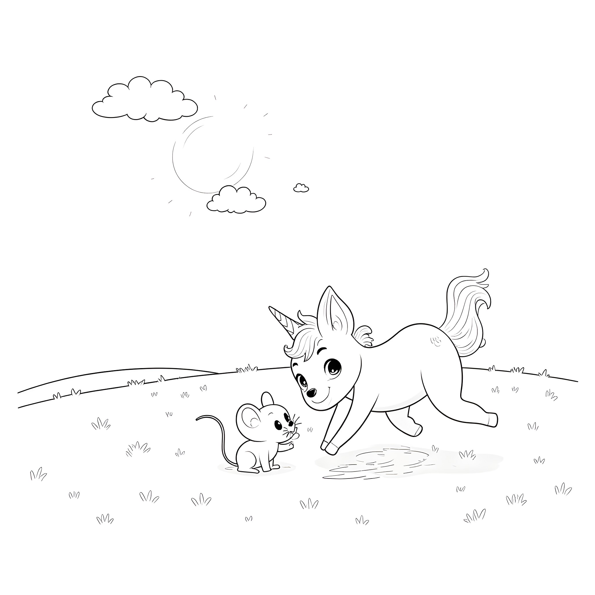 Unicorn playing with a mouse in a field Coloring Page (free black-and-white line drawing printable PDF for all, from beginners to advanced learners, including children, teens, adults, and seniors)