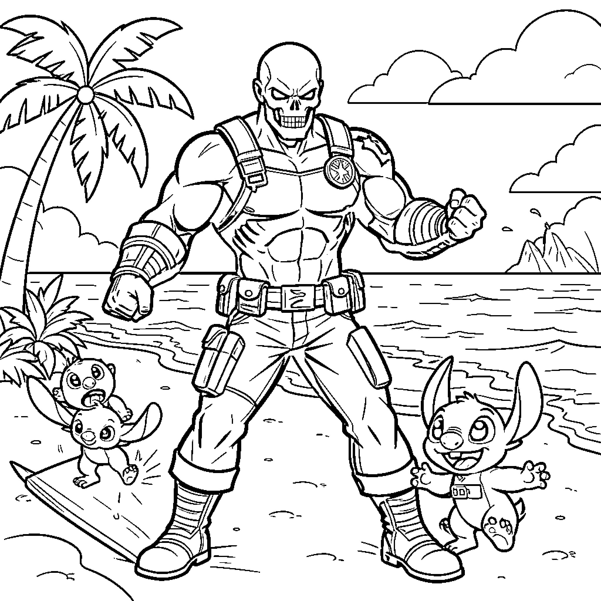 Lilo And Stitch characters with a muscular hero on a beach Coloring Page (free black-and-white line drawing printable PDF for all, from beginners to advanced learners, including children, teens, adults, and seniors)