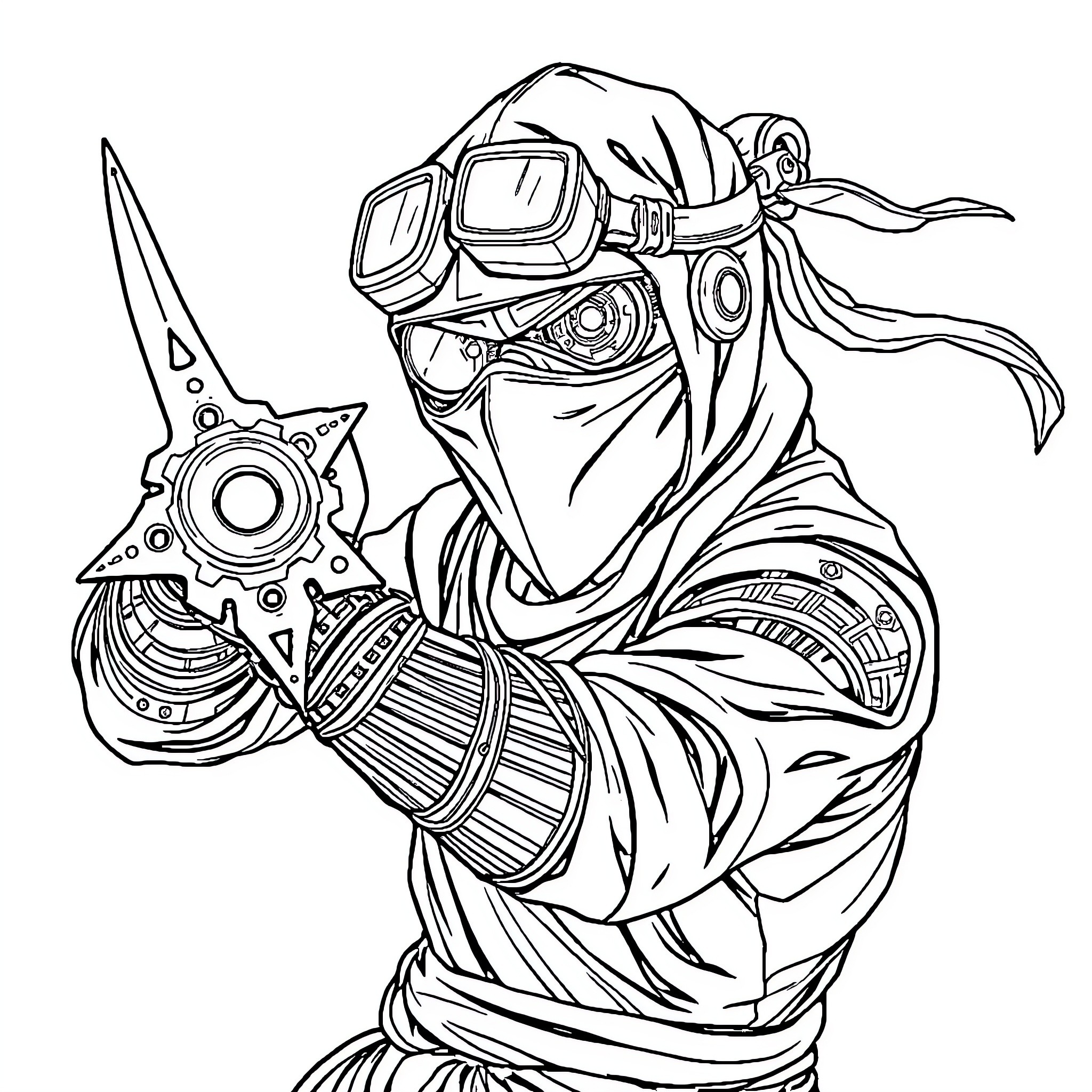 Ninja warrior with high-tech gear and weapon Coloring Page (free black-and-white line drawing printable PDF for all, from beginners to advanced learners, including children, teens, adults, and seniors)