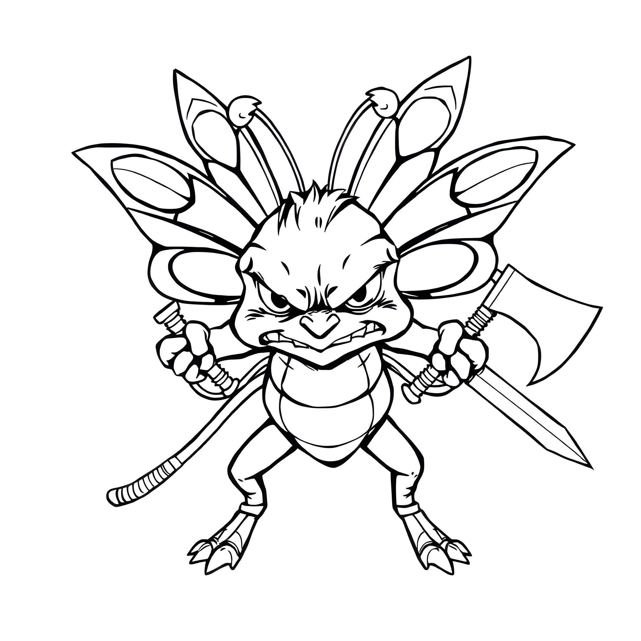 Butterfly monster with swords and shield Coloring Page (free black-and-white line drawing printable PDF for all, from beginners to advanced learners, including children, teens, adults, and seniors)