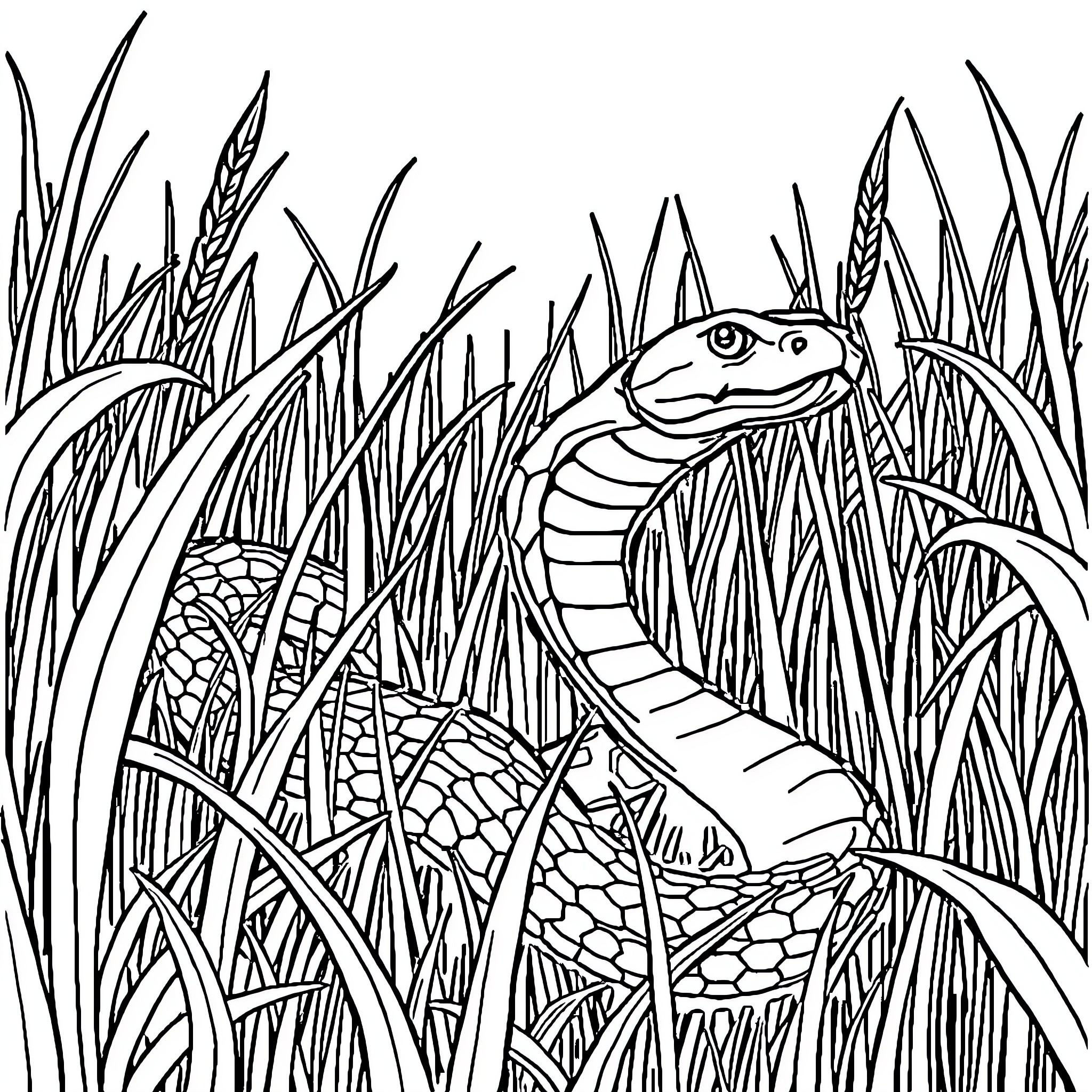Snake slithering through tall grass Coloring Page (free black-and-white line drawing printable PDF for all, from beginners to advanced learners, including children, teens, adults, and seniors)