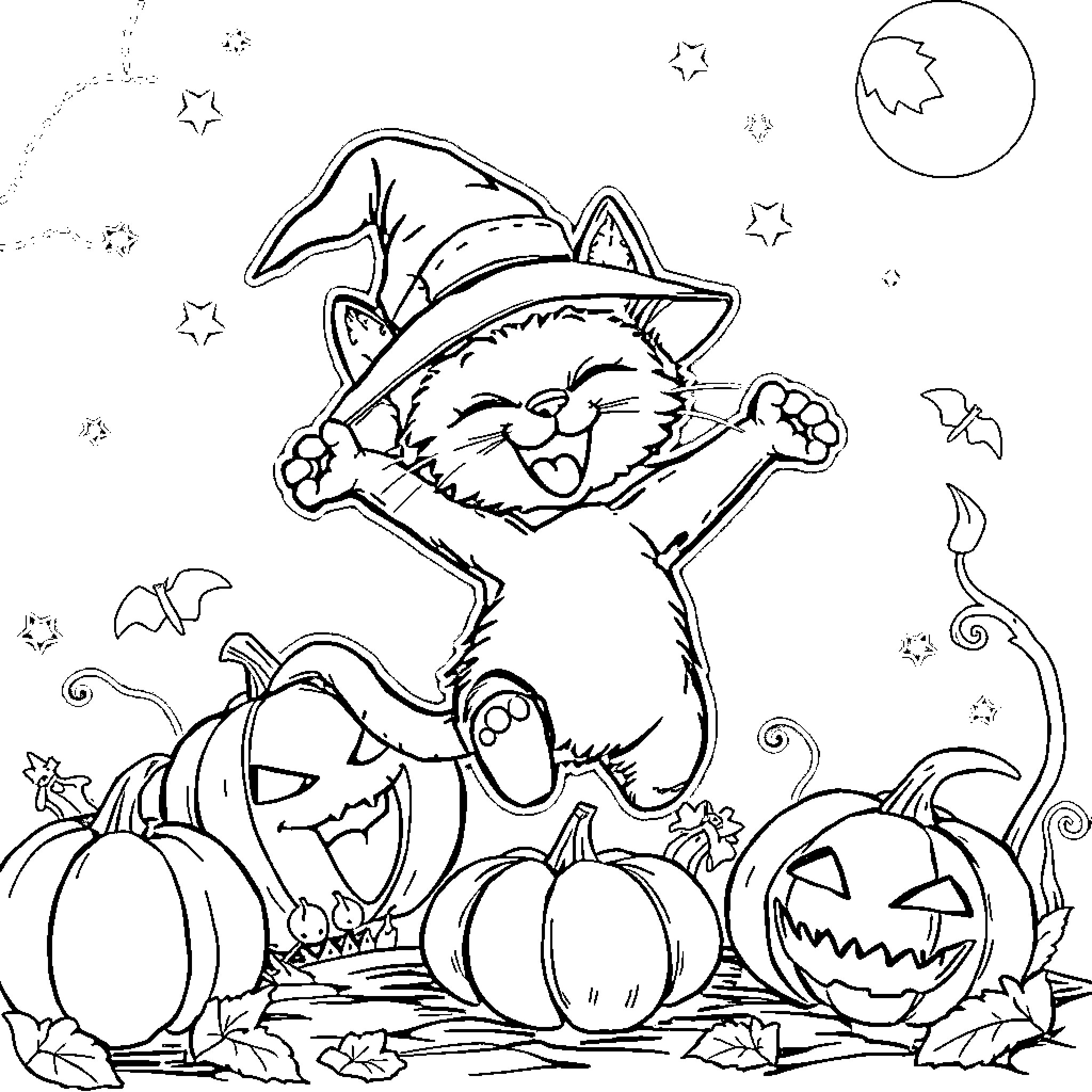 Cat in witch hat among pumpkins and bats Coloring Page (free black-and-white line drawing printable PDF for all, from beginners to advanced learners, including children, teens, adults, and seniors)