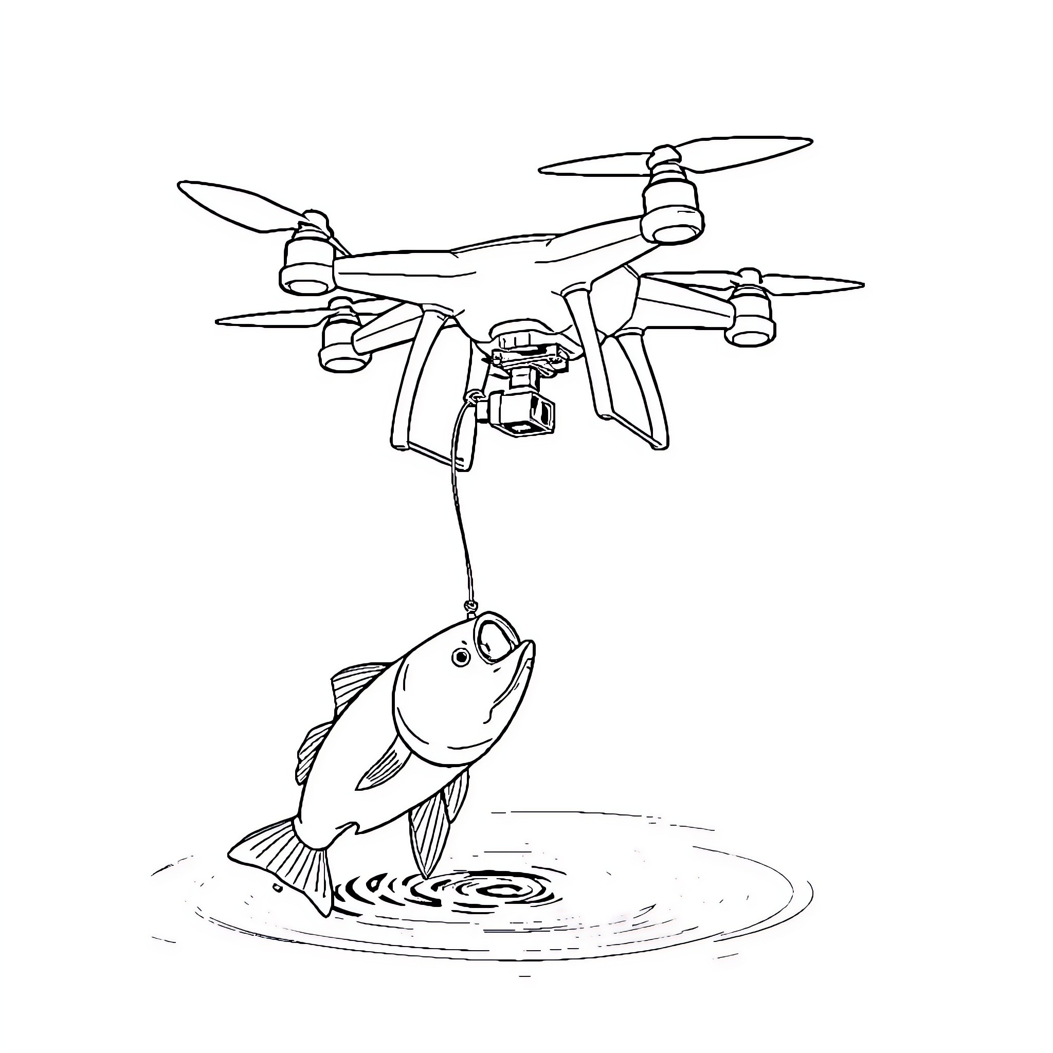 Drone capturing aerial footage of fish in water Coloring Page (free black-and-white line drawing printable PDF for all, from beginners to advanced learners, including children, teens, adults, and seniors)
