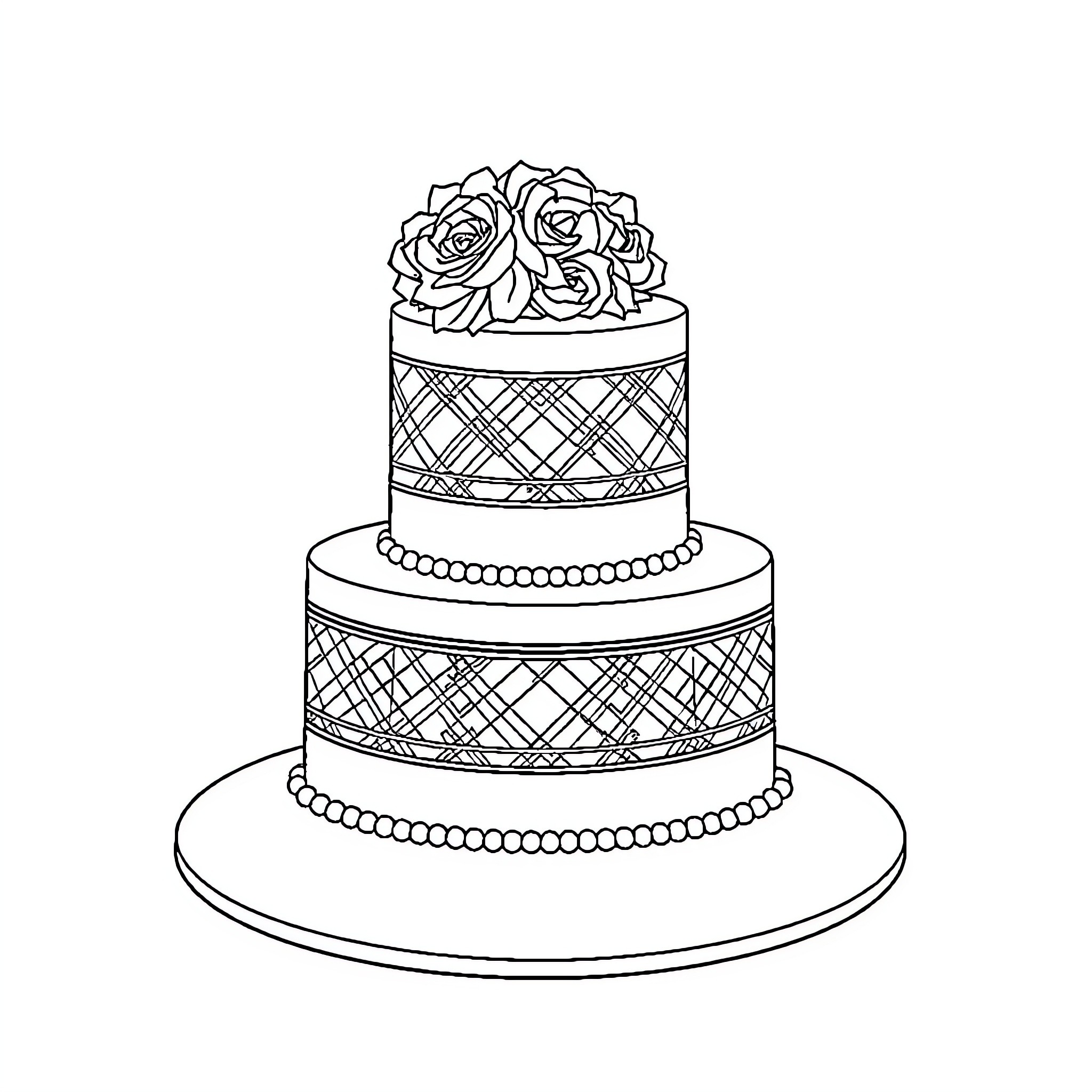 Wedding Cake with Ornate Decorations and Floral Topper Coloring Page (free black-and-white line drawing printable PDF for all, from beginners to advanced learners, including children, teens, adults, and seniors)