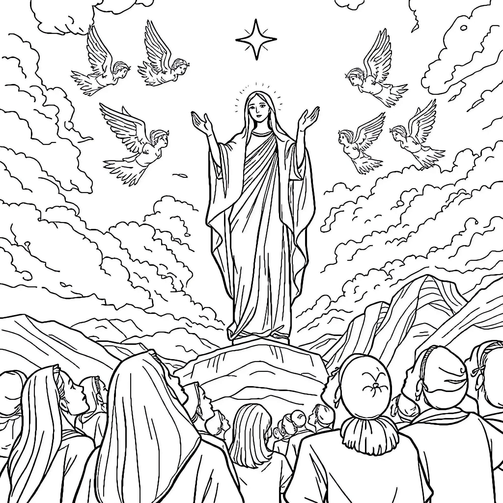 Virgin Mary's Heavenly Apparition with Worshippers Coloring Page (free black-and-white line drawing printable PDF for all, from beginners to advanced learners, including children, teens, adults, and seniors)