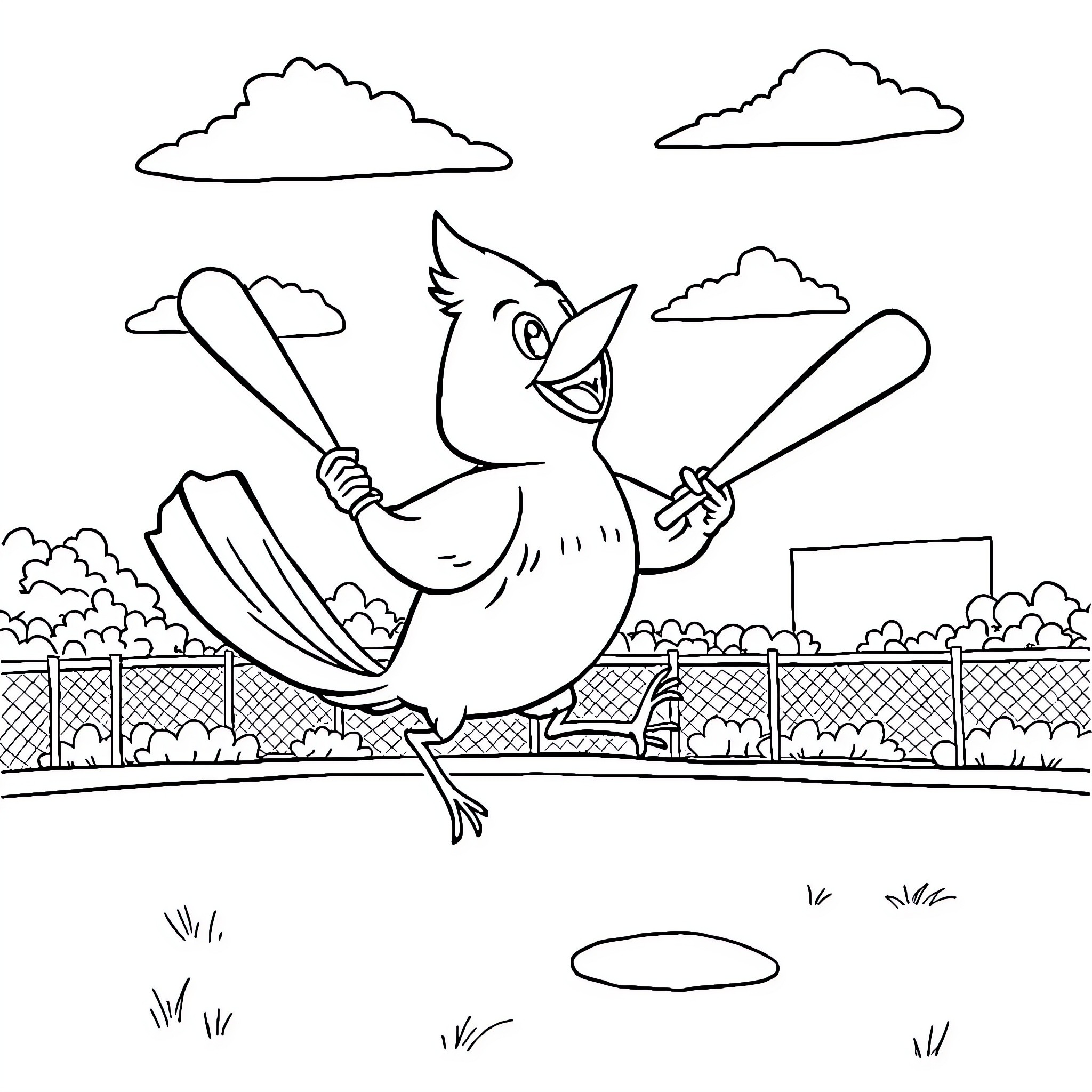 Cardinal playing baseball on the field Coloring Page (free black-and-white line drawing printable PDF for all, from beginners to advanced learners, including children, teens, adults, and seniors)