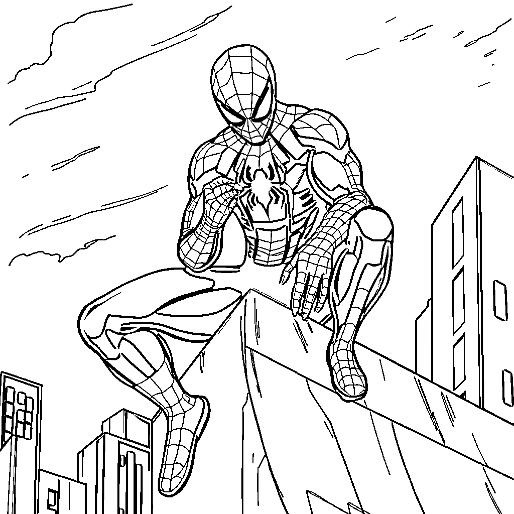Spiderman swinging through the cityscape Coloring Page (free black-and-white line drawing printable PDF for all, from beginners to advanced learners, including children, teens, adults, and seniors)