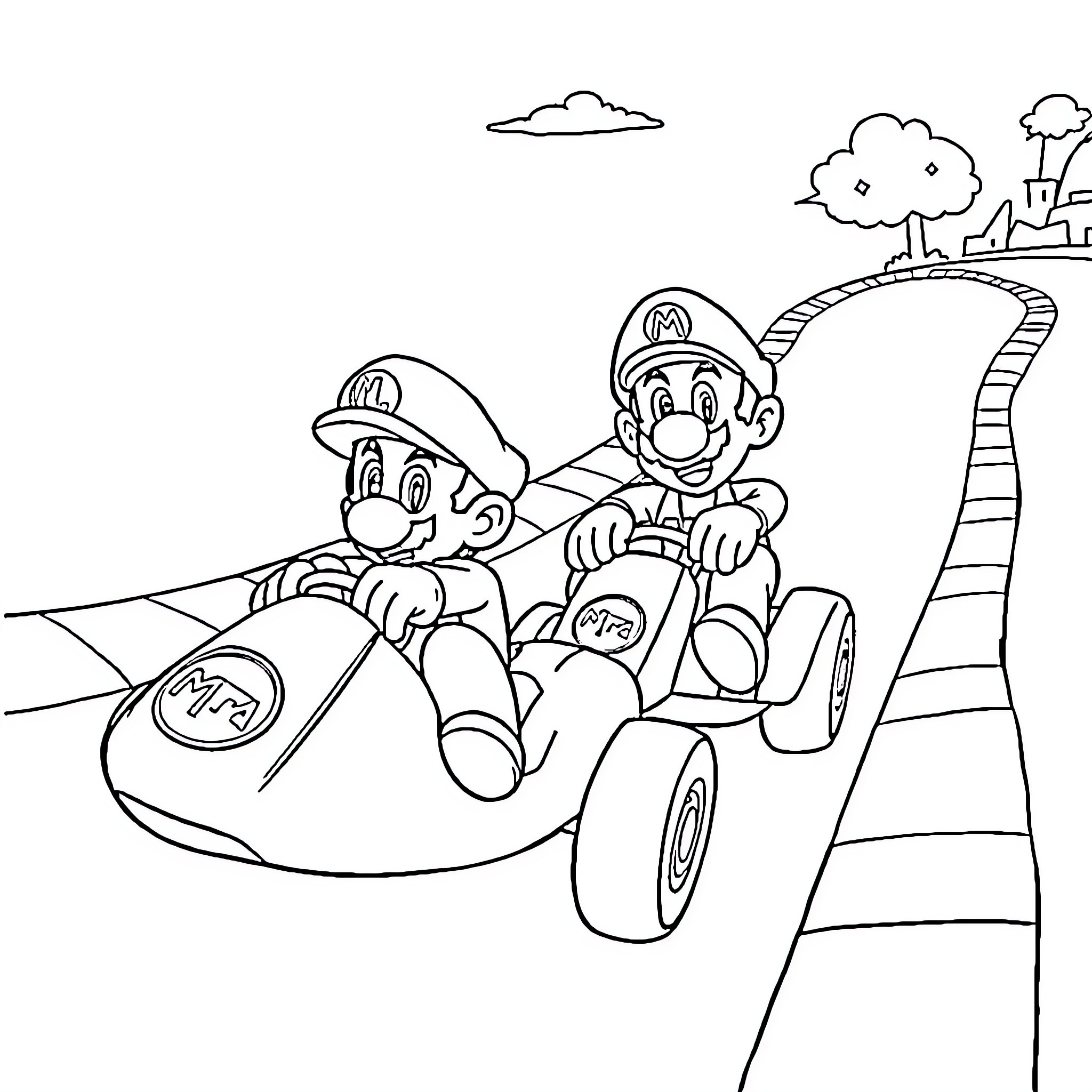 Mario and Luigi racing in go-karts Coloring Page (free black-and-white line drawing printable PDF for all, from beginners to advanced learners, including children, teens, adults, and seniors)