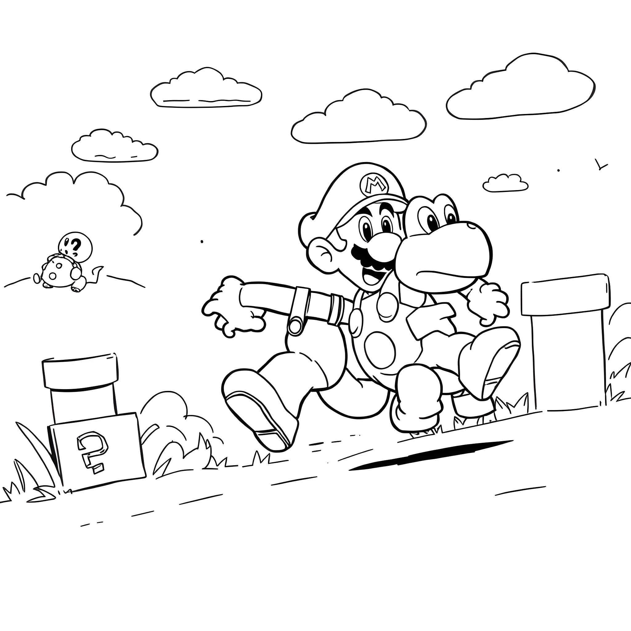 Mario's Joyful Adventure in the Whimsical Landscape Coloring Page (free black-and-white line drawing printable PDF for all, from beginners to advanced learners, including children, teens, adults, and seniors)