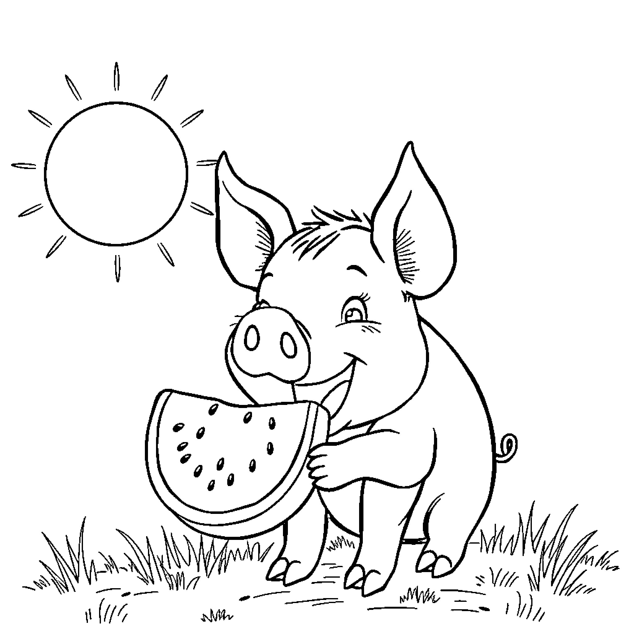 Pig enjoying a refreshing watermelon in the sun Coloring Page (free black-and-white line drawing printable PDF for all, from beginners to advanced learners, including children, teens, adults, and seniors)