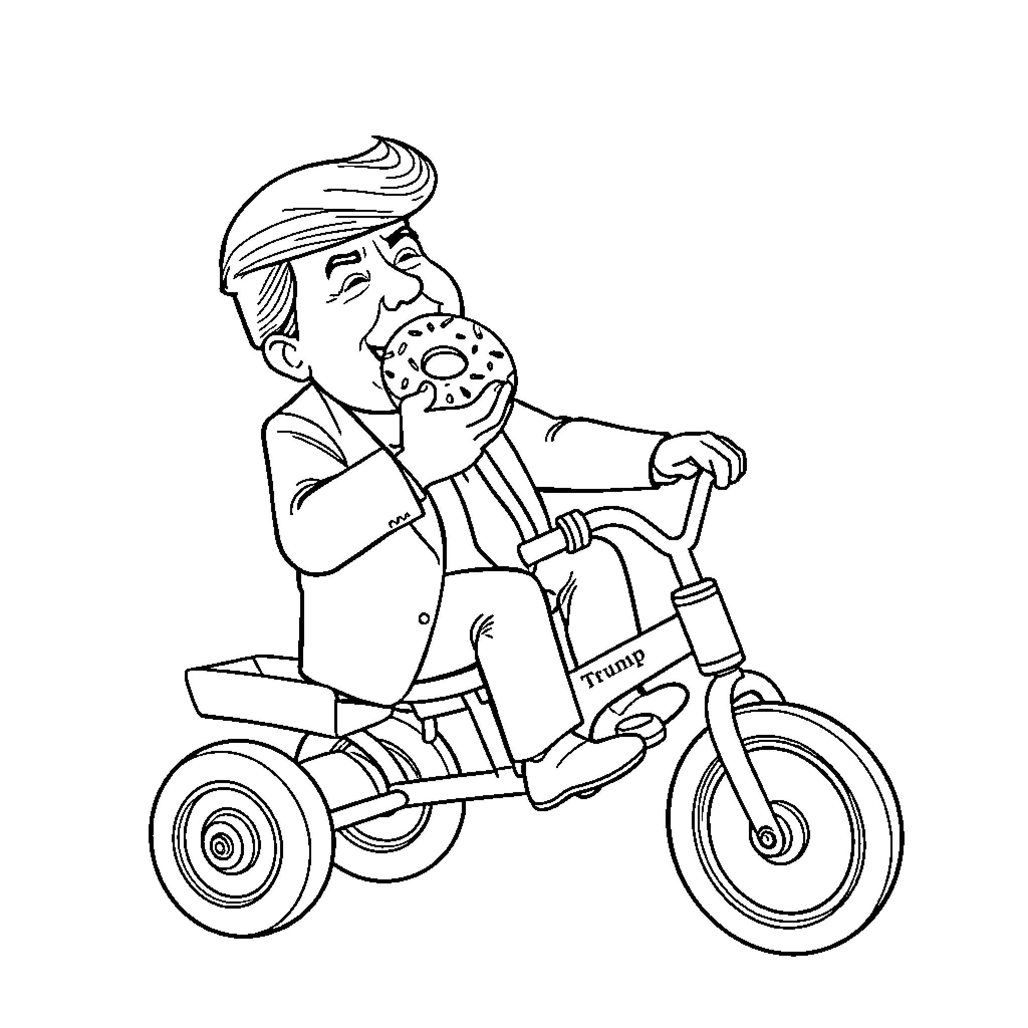 Trump riding a tricycle and eating a cookie Coloring Page (free black-and-white line drawing printable PDF for all, from beginners to advanced learners, including children, teens, adults, and seniors)