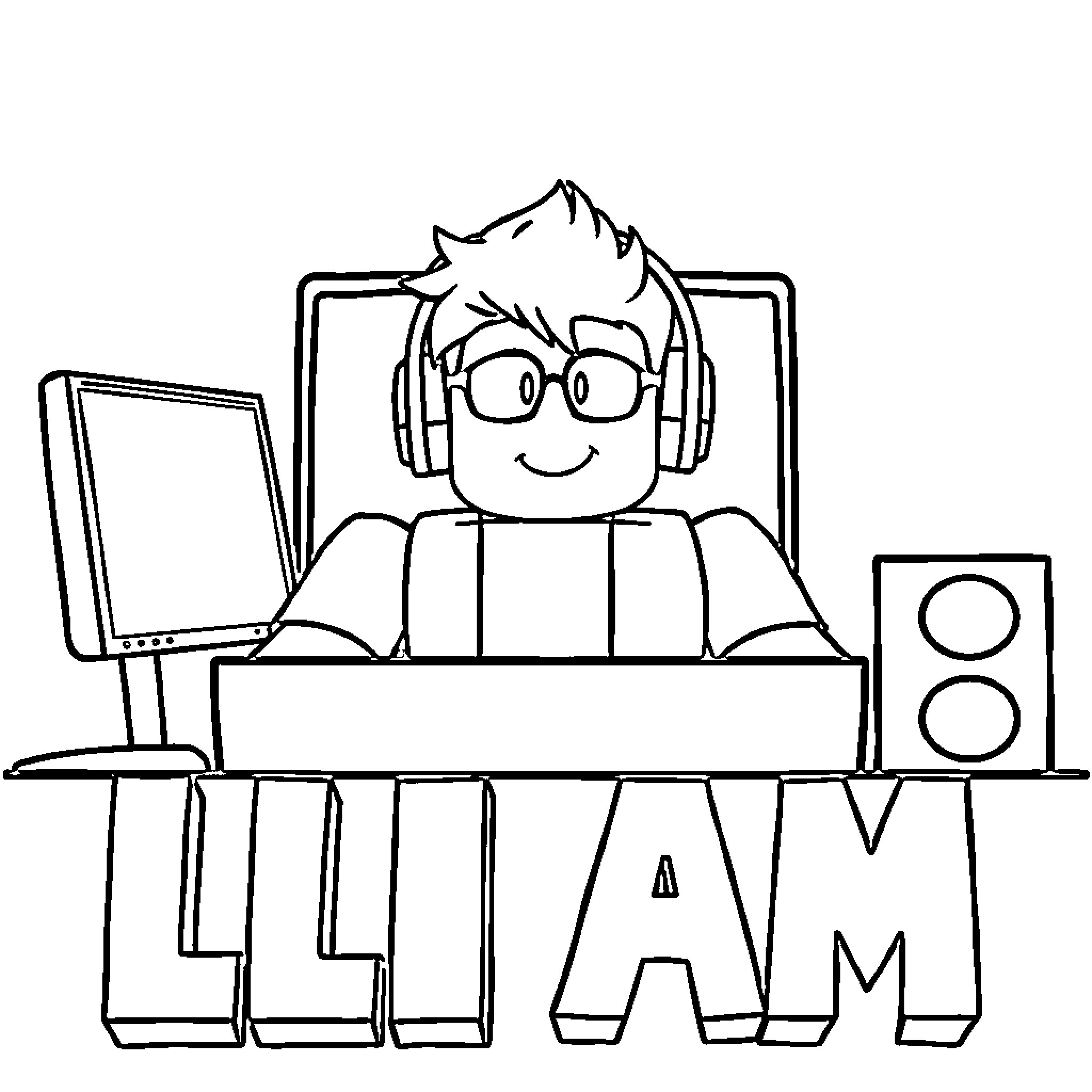 Roblox Player Relaxing and Gaming Coloring Page (free black-and-white line drawing printable PDF for all, from beginners to advanced learners, including children, teens, adults, and seniors)