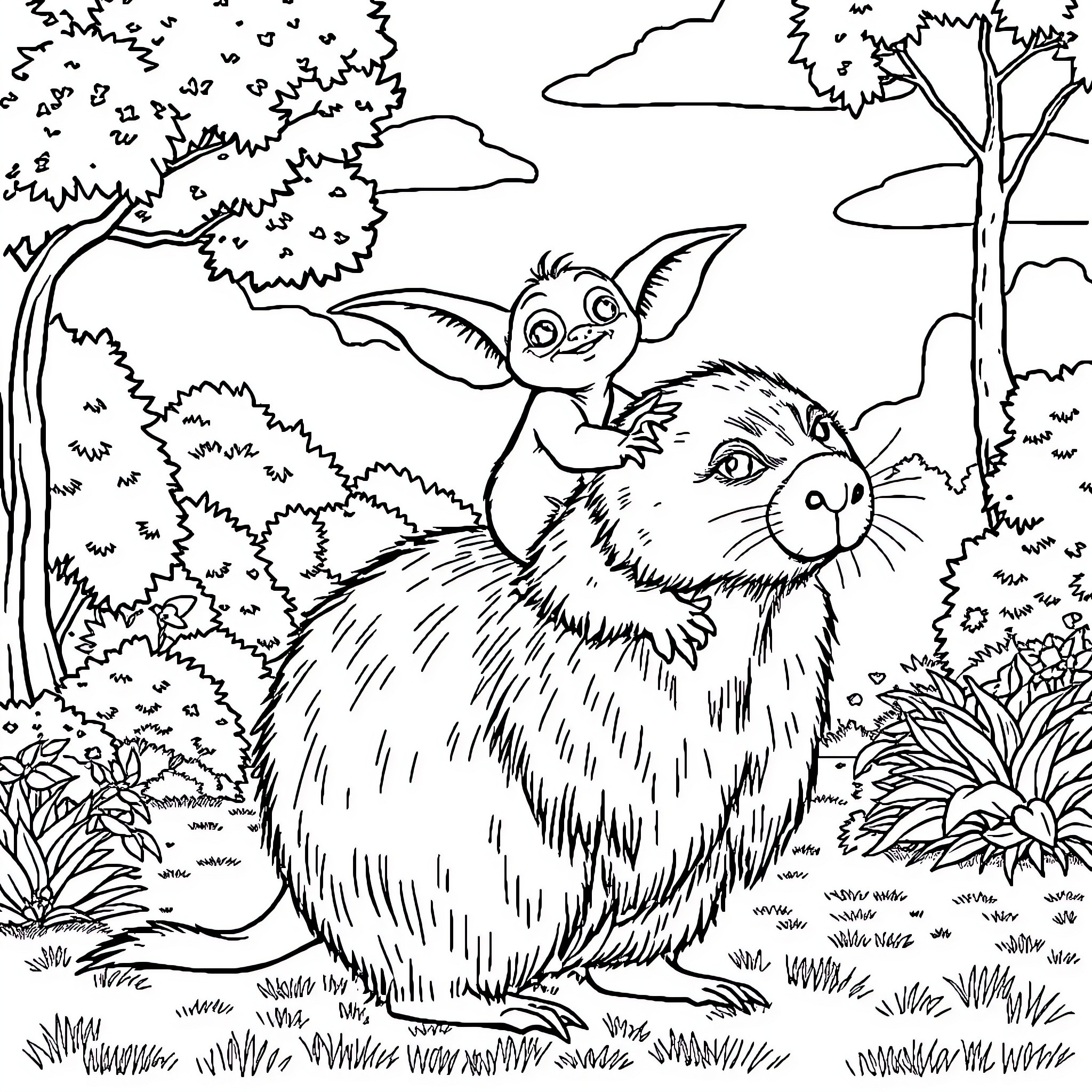 Gizmo's Playful Adventure in the Lush Wilderness Coloring Page (free black-and-white line drawing printable PDF for all, from beginners to advanced learners, including children, teens, adults, and seniors)