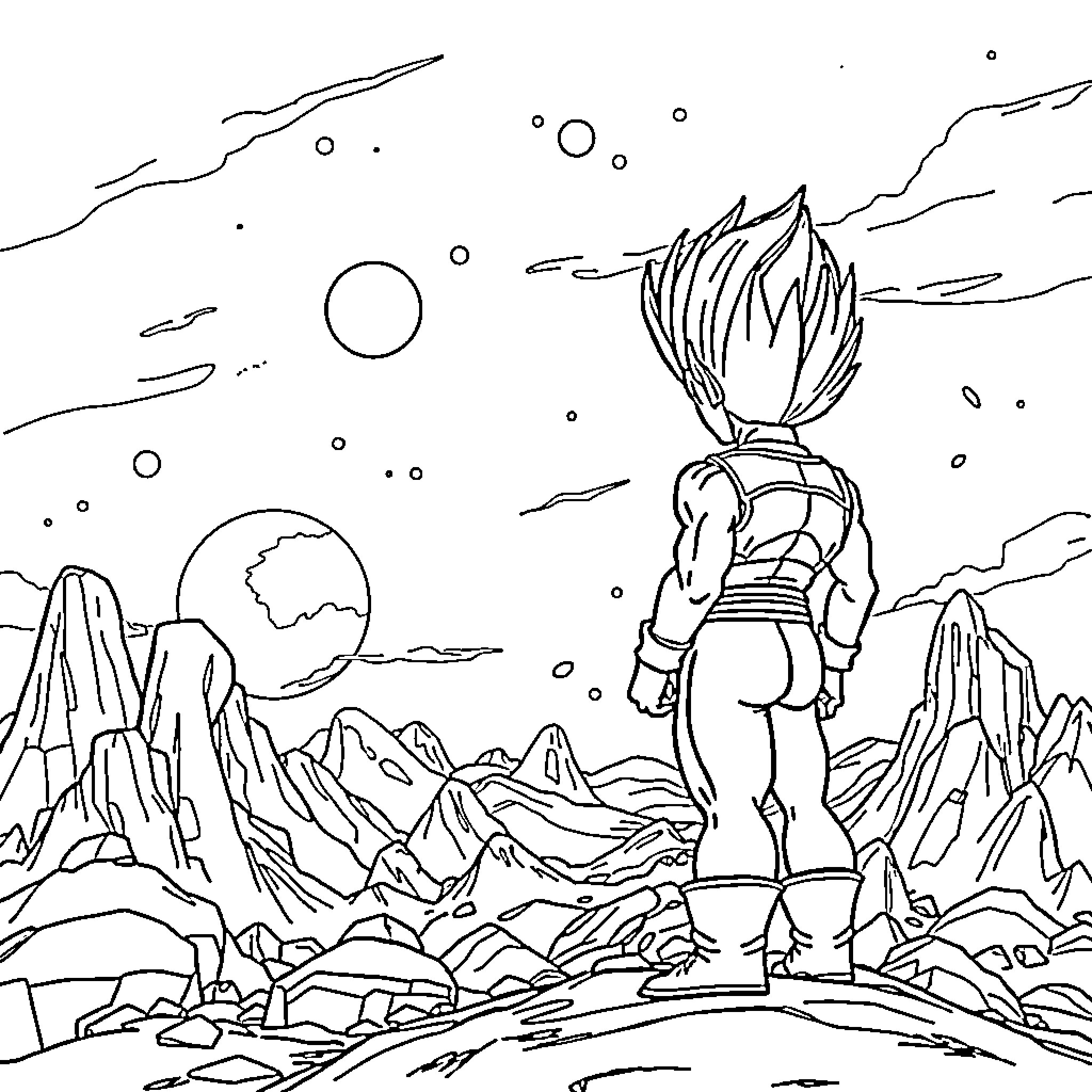 Vegeta stands tall in an alien landscape Coloring Page (free black-and-white line drawing printable PDF for all, from beginners to advanced learners, including children, teens, adults, and seniors)