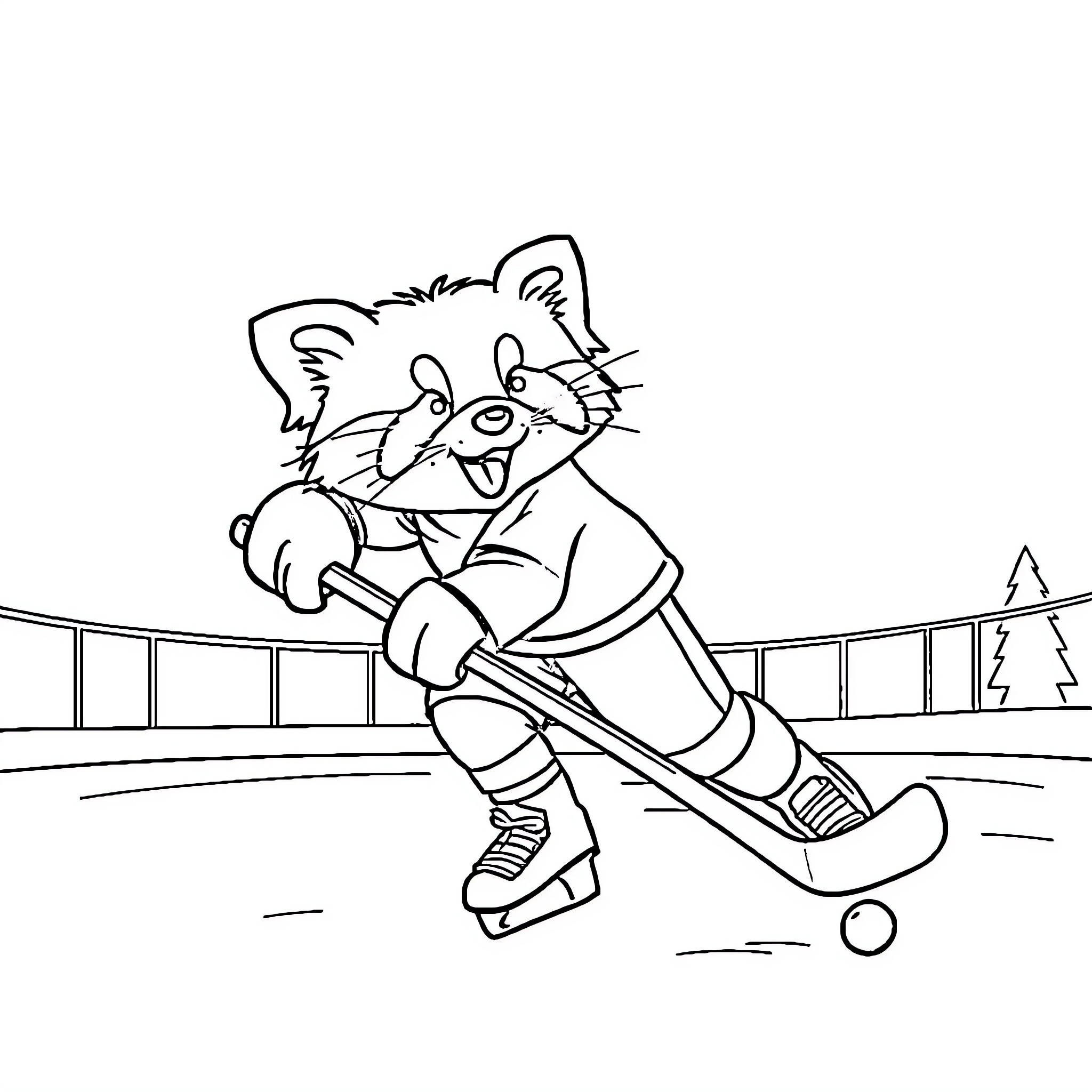 Panda playing hockey on the ice rink Coloring Page (free black-and-white line drawing printable PDF for all, from beginners to advanced learners, including children, teens, adults, and seniors)