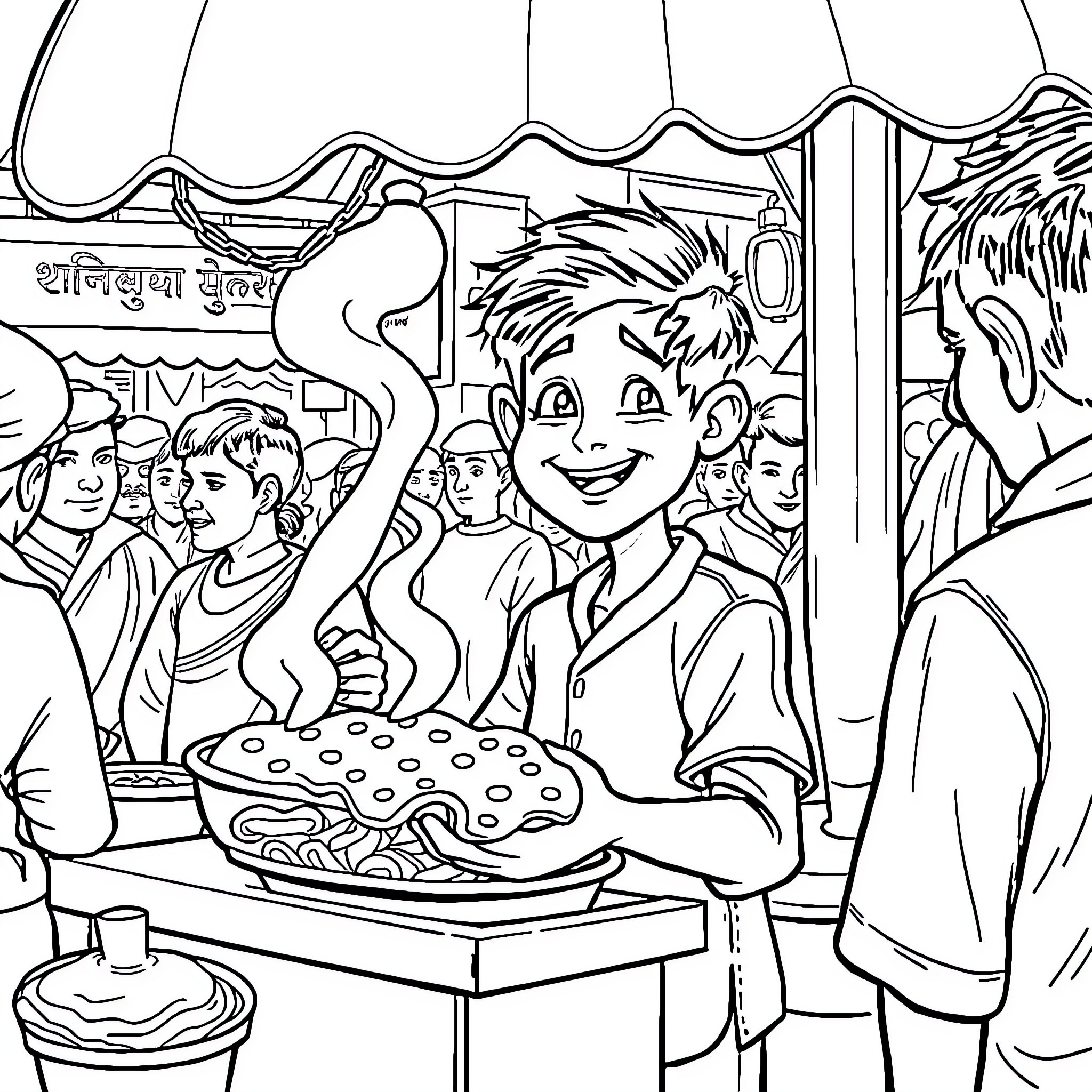 Boy selling street food among crowd Coloring Page (free black-and-white line drawing printable PDF for all, from beginners to advanced learners, including children, teens, adults, and seniors)