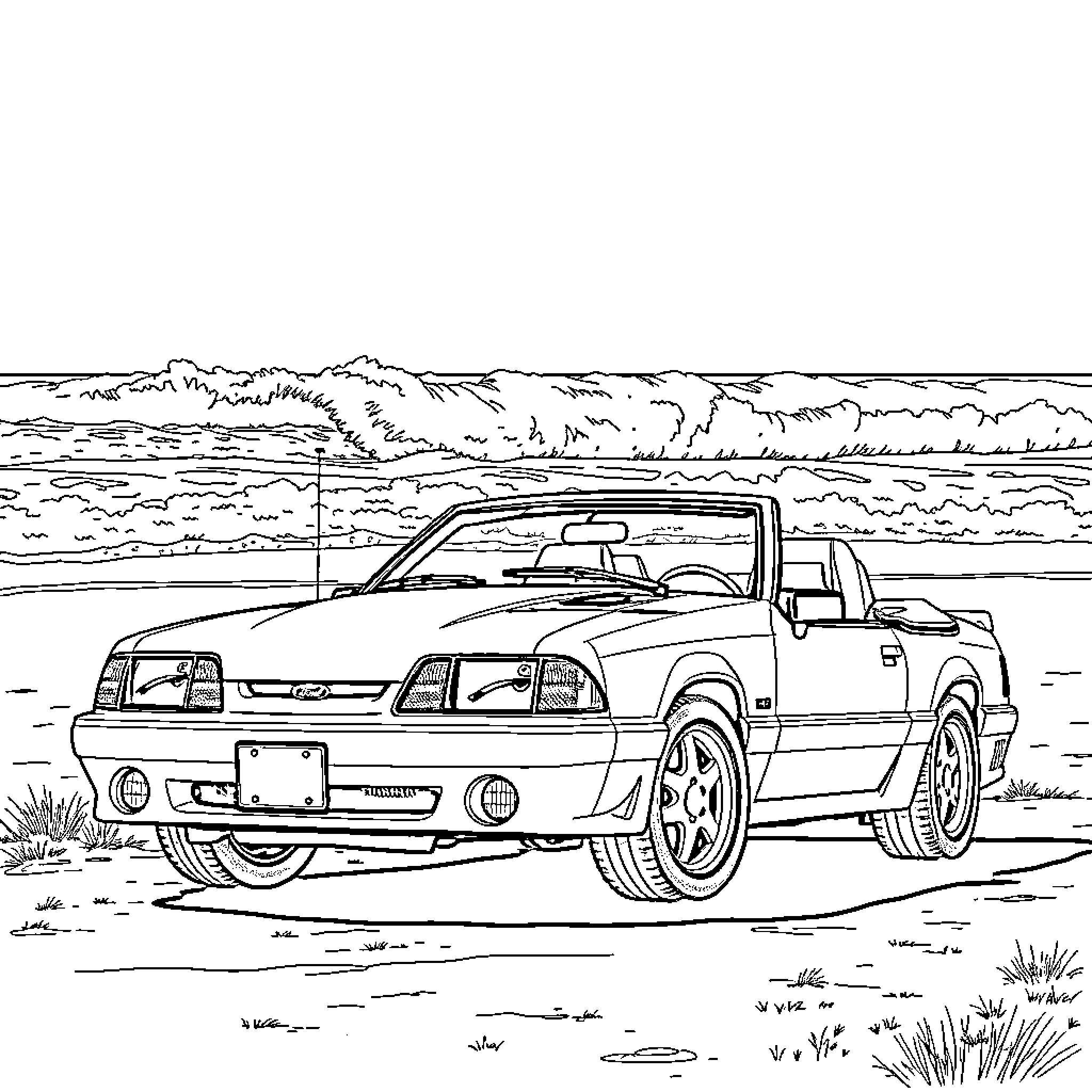 Ford Mustang racing down the beach Coloring Page (free black-and-white line drawing printable PDF for all, from beginners to advanced learners, including children, teens, adults, and seniors)