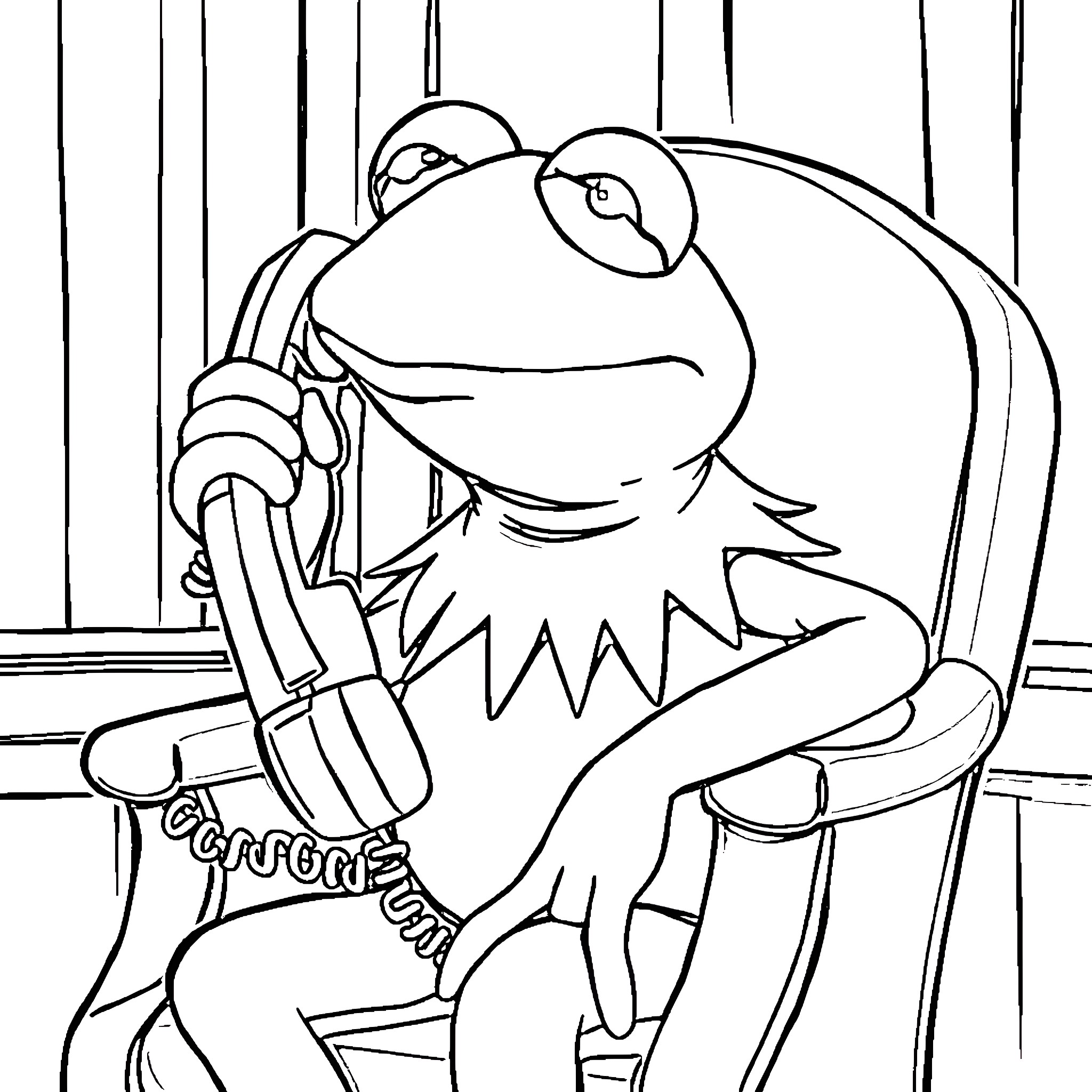 Kermit the Frog in a Relaxed Pose Coloring Page (free black-and-white line drawing printable PDF for all, from beginners to advanced learners, including children, teens, adults, and seniors)
