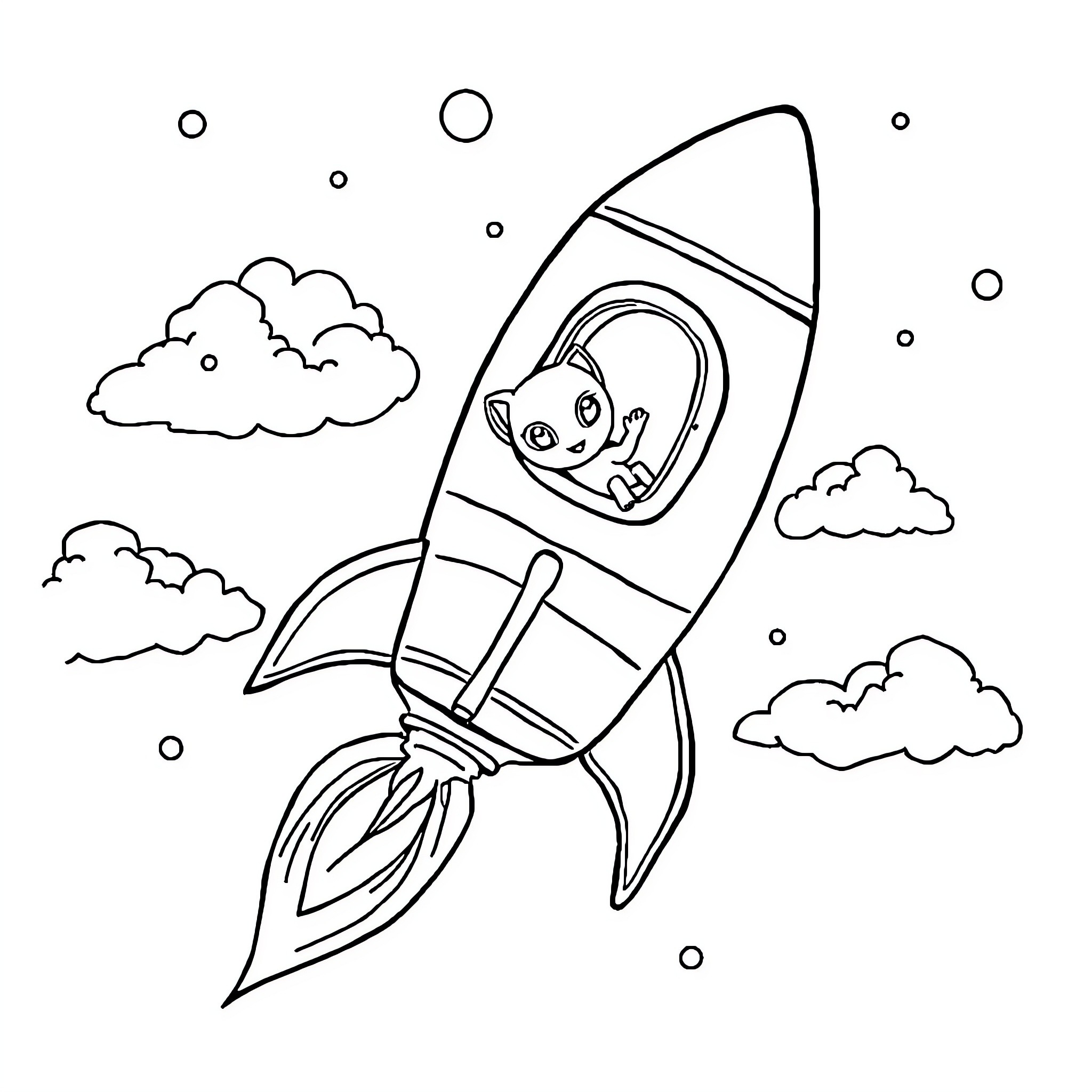 Rocket with Smiling Character Soaring Through Clouds Coloring Page (free black-and-white line drawing printable PDF for all, from beginners to advanced learners, including children, teens, adults, and seniors)