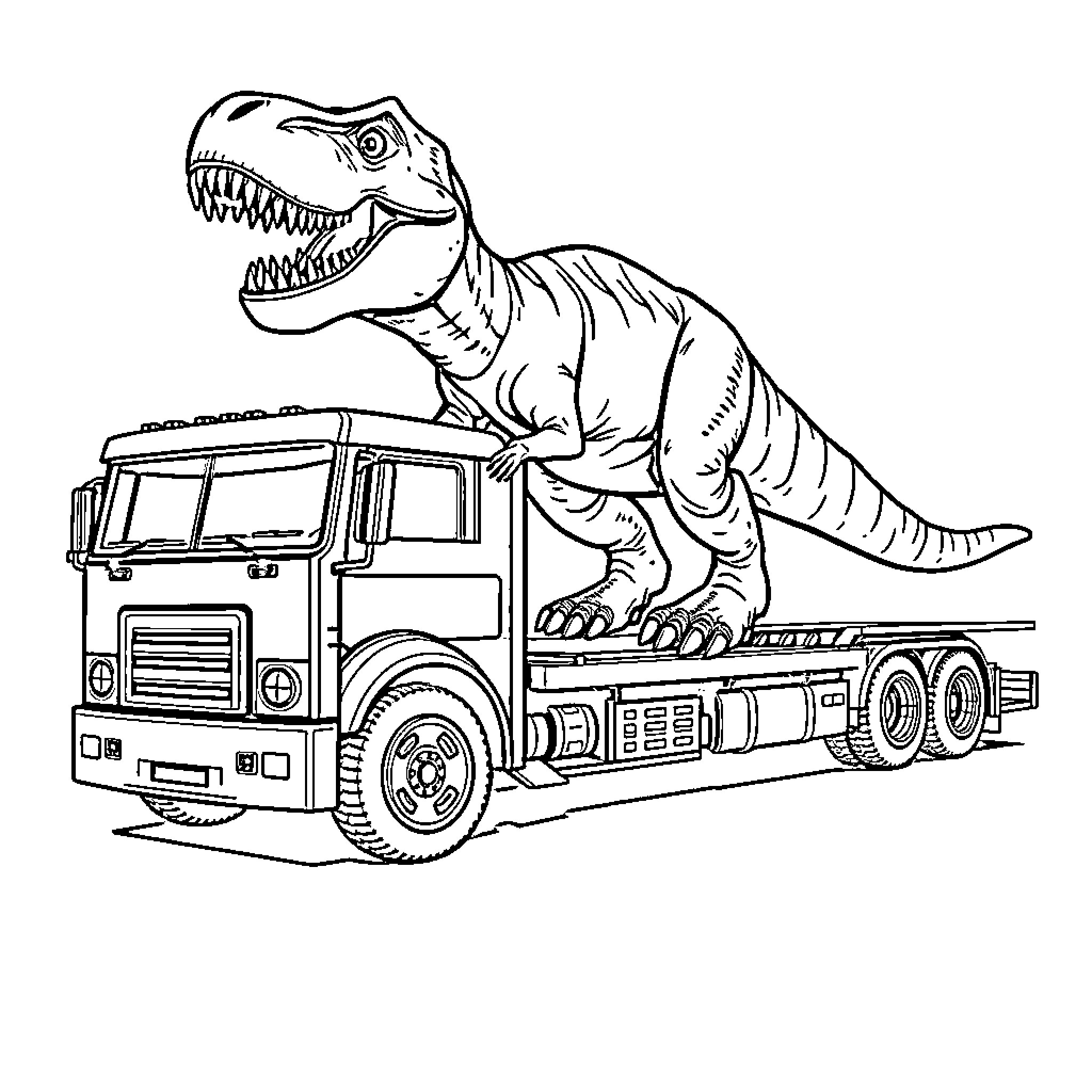 Transporter dinosaur riding on flatbed truck Coloring Page (free black-and-white line drawing printable PDF for all, from beginners to advanced learners, including children, teens, adults, and seniors)