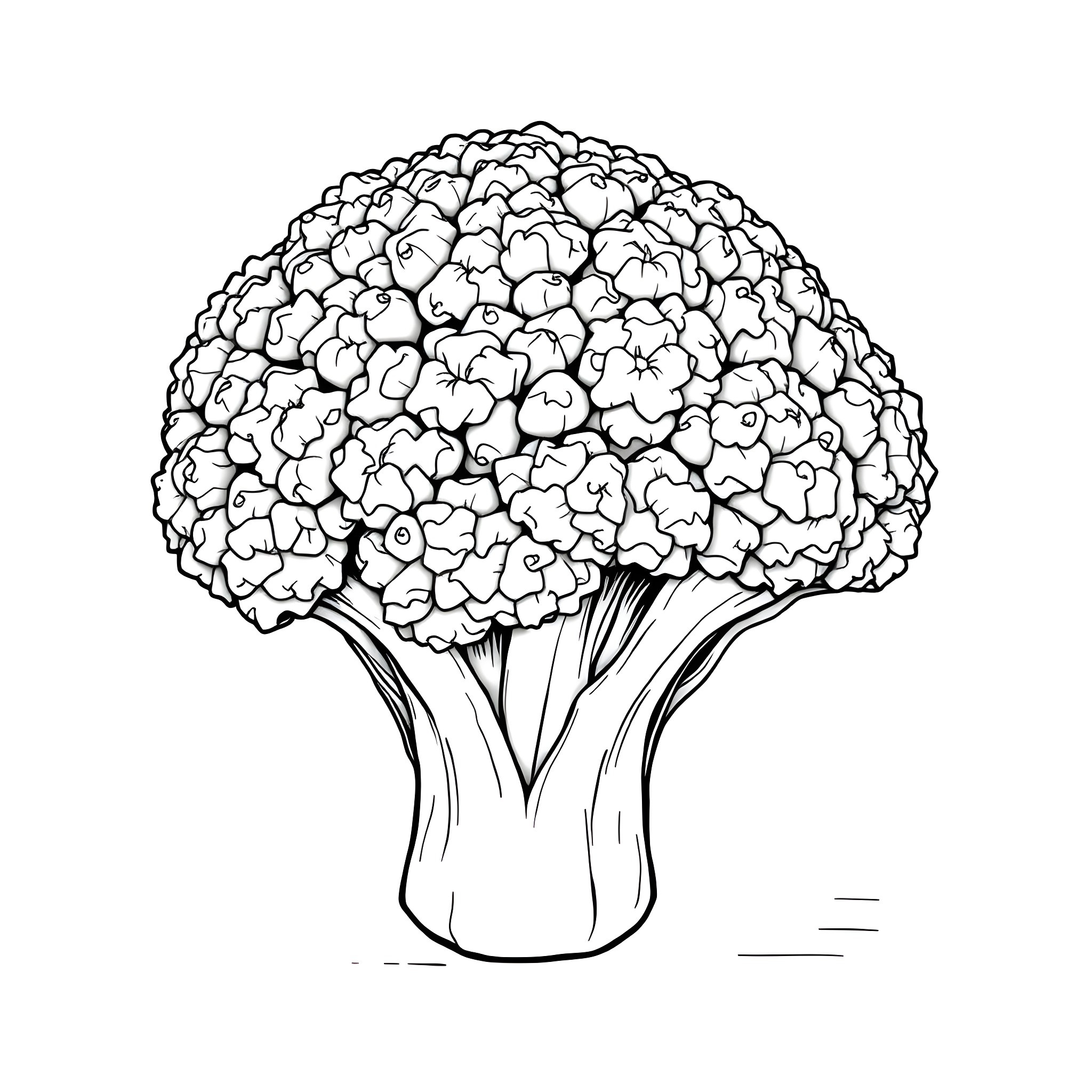 Broccoli florets bursting with growth Coloring Page (free black-and-white line drawing printable PDF for all, from beginners to advanced learners, including children, teens, adults, and seniors)
