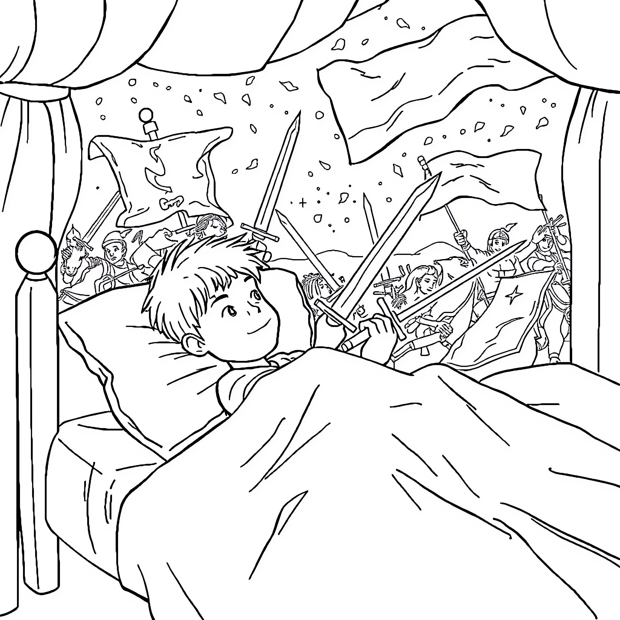 Boy dreaming of fantasy adventure Coloring Page (free black-and-white line drawing printable PDF for all, from beginners to advanced learners, including children, teens, adults, and seniors)