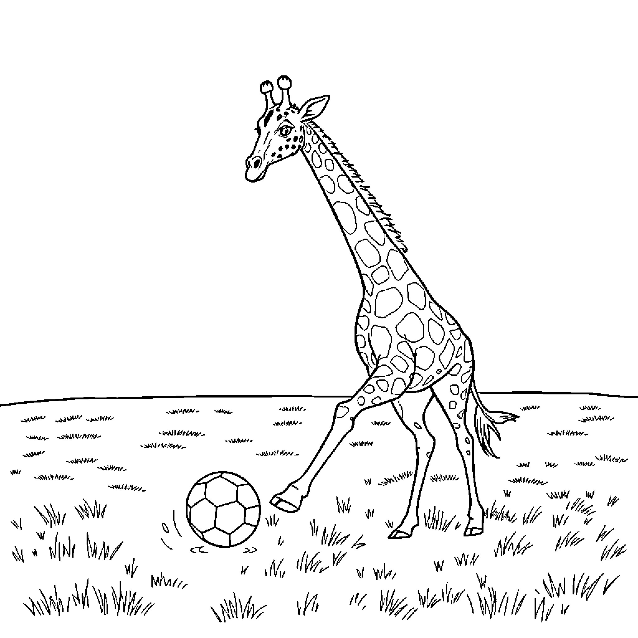 Giraffe playing with soccer ball in grassy field Coloring Page (free black-and-white line drawing printable PDF for all, from beginners to advanced learners, including children, teens, adults, and seniors)