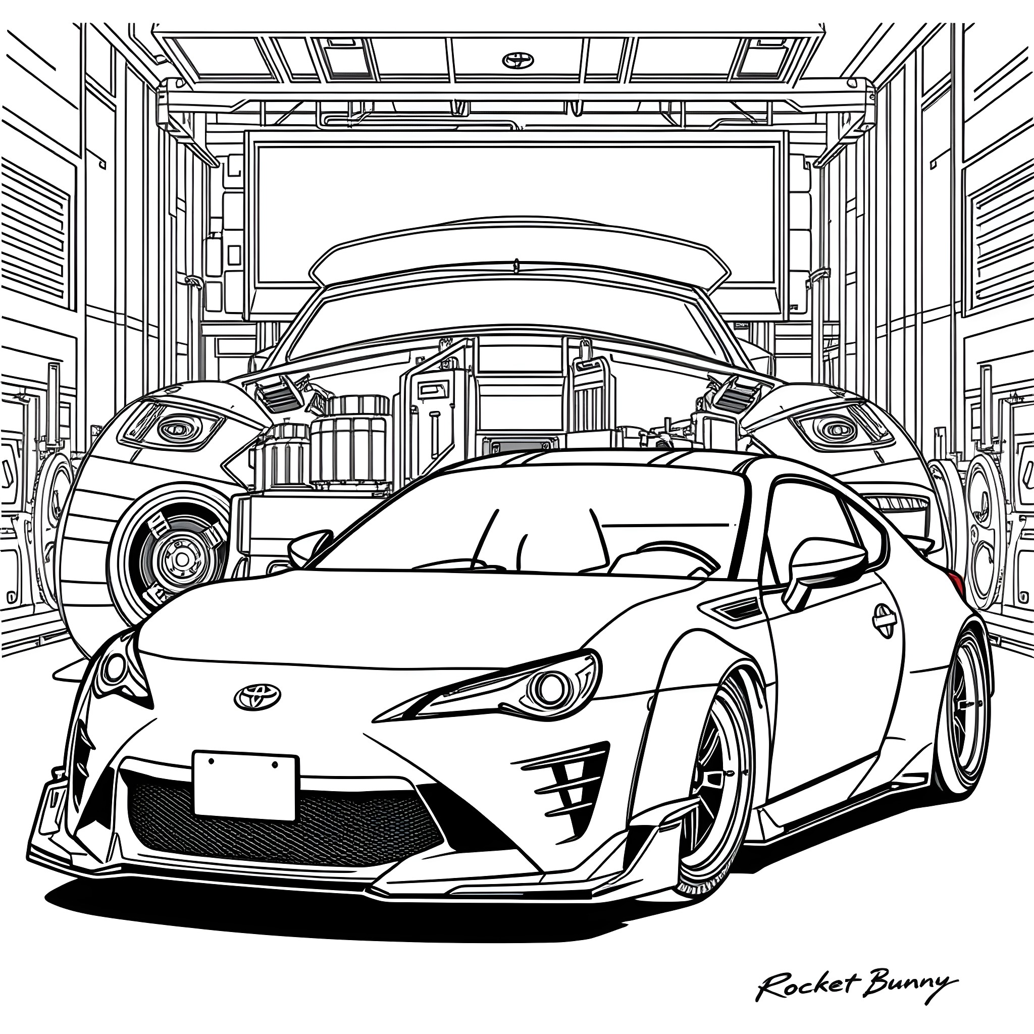 Toyota sports car in automotive workshop Coloring Page (free black-and-white line drawing printable PDF for all, from beginners to advanced learners, including children, teens, adults, and seniors)