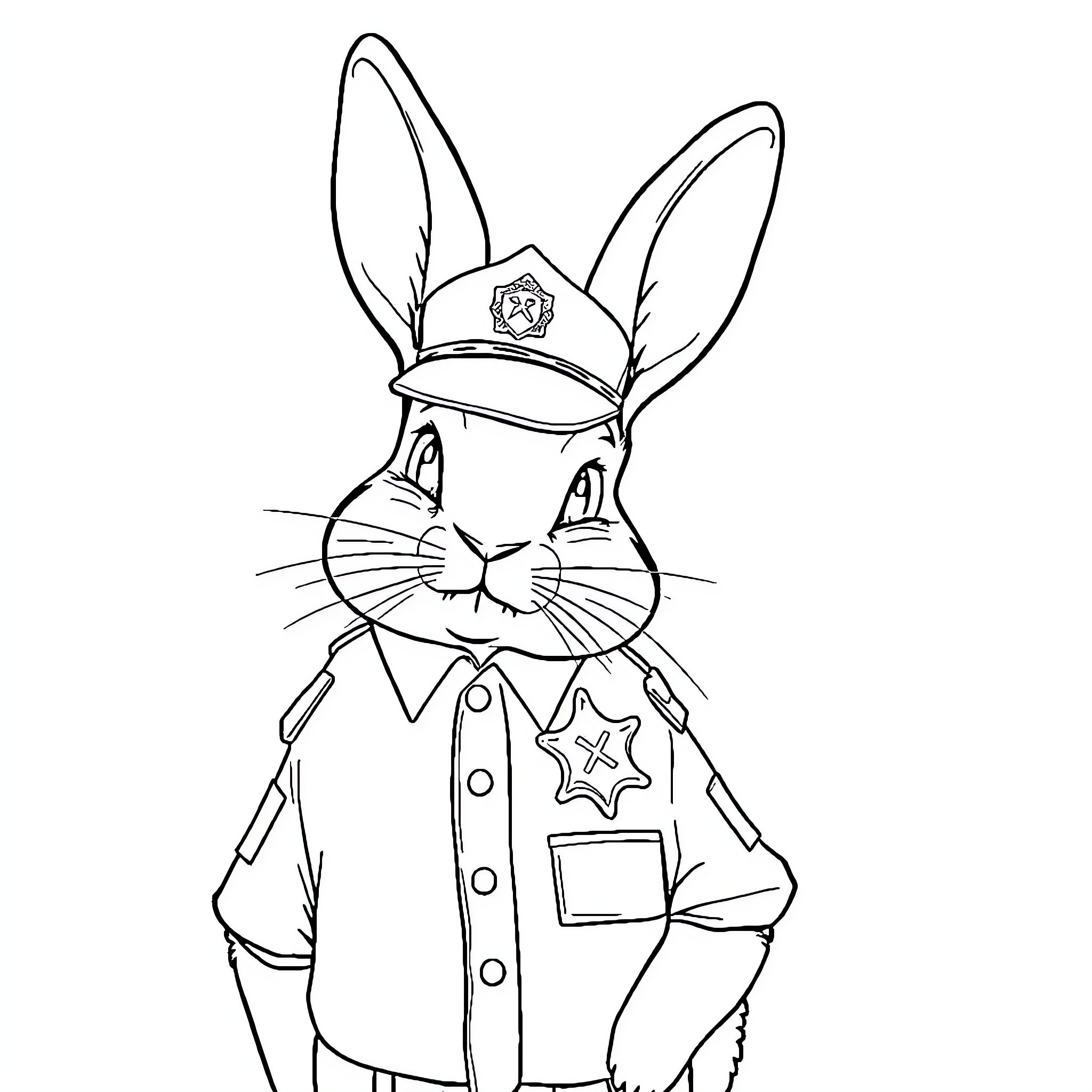 Rabbit police officer in uniform Coloring Page (free black-and-white line drawing printable PDF for all, from beginners to advanced learners, including children, teens, adults, and seniors)