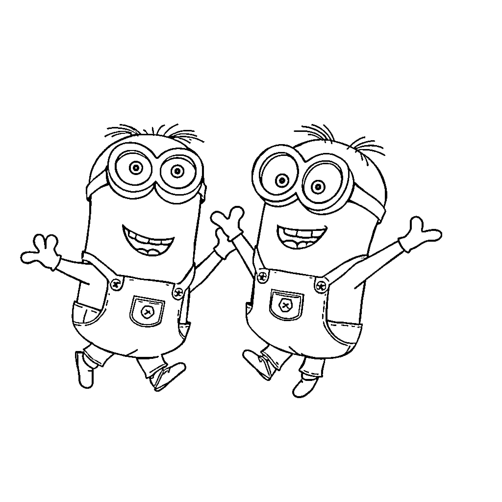Minions joyfully jumping and waving Coloring Page (free black-and-white line drawing printable PDF for all, from beginners to advanced learners, including children, teens, adults, and seniors)