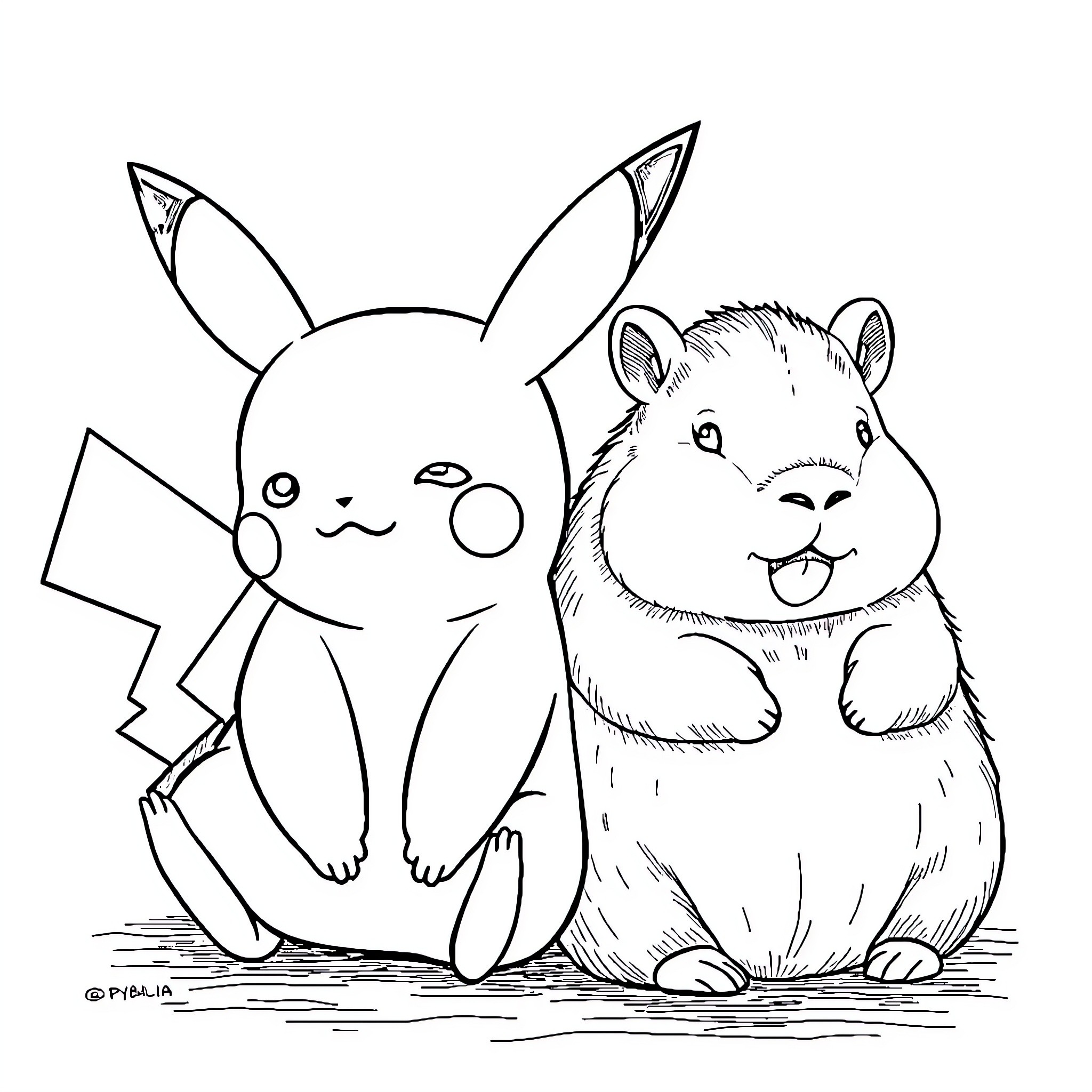 Pikachu and Cute Hamster Coloring Page (free black-and-white line drawing printable PDF for all, from beginners to advanced learners, including children, teens, adults, and seniors)