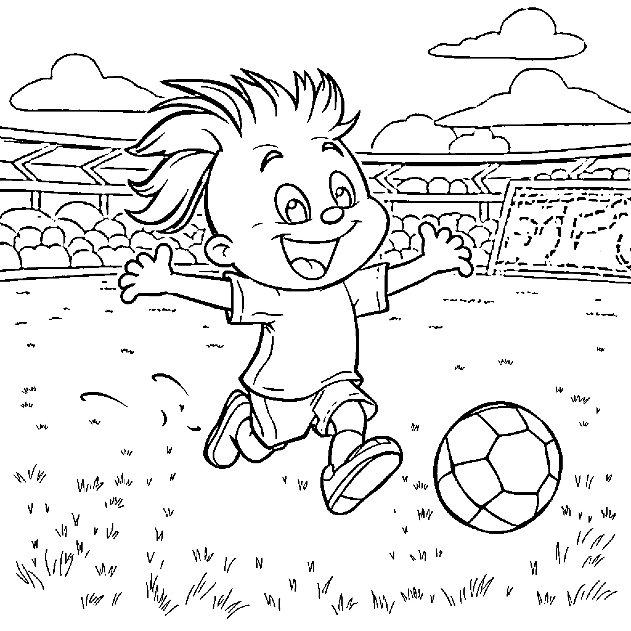 Sprunki playing happily with soccer ball in the park Coloring Page (free black-and-white line drawing printable PDF for all, from beginners to advanced learners, including children, teens, adults, and seniors)