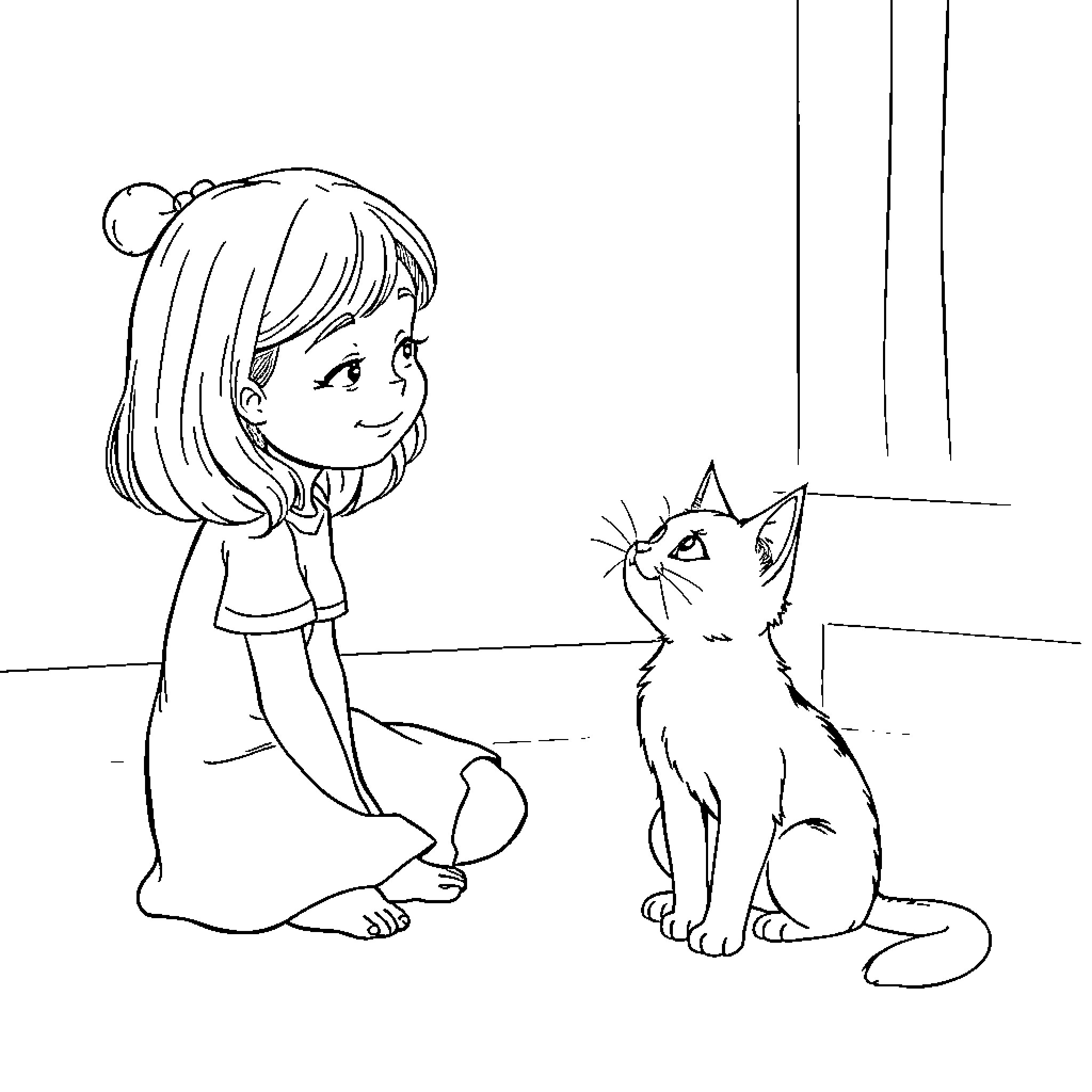 Cat and Girl Sitting Together Coloring Page (free black-and-white line drawing printable PDF for all, from beginners to advanced learners, including children, teens, adults, and seniors)