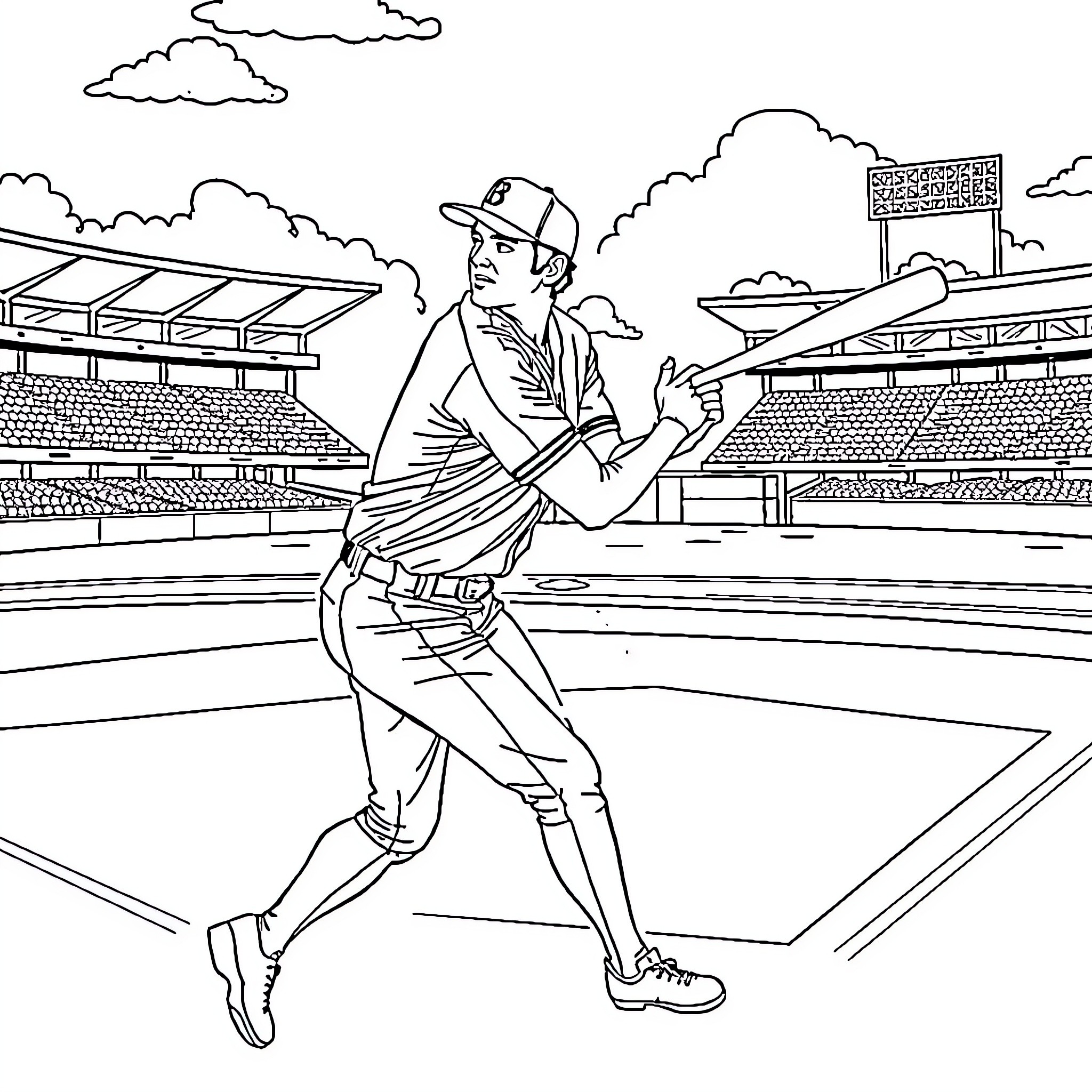 Elvis playing baseball on the field Coloring Page (free black-and-white line drawing printable PDF for all, from beginners to advanced learners, including children, teens, adults, and seniors)