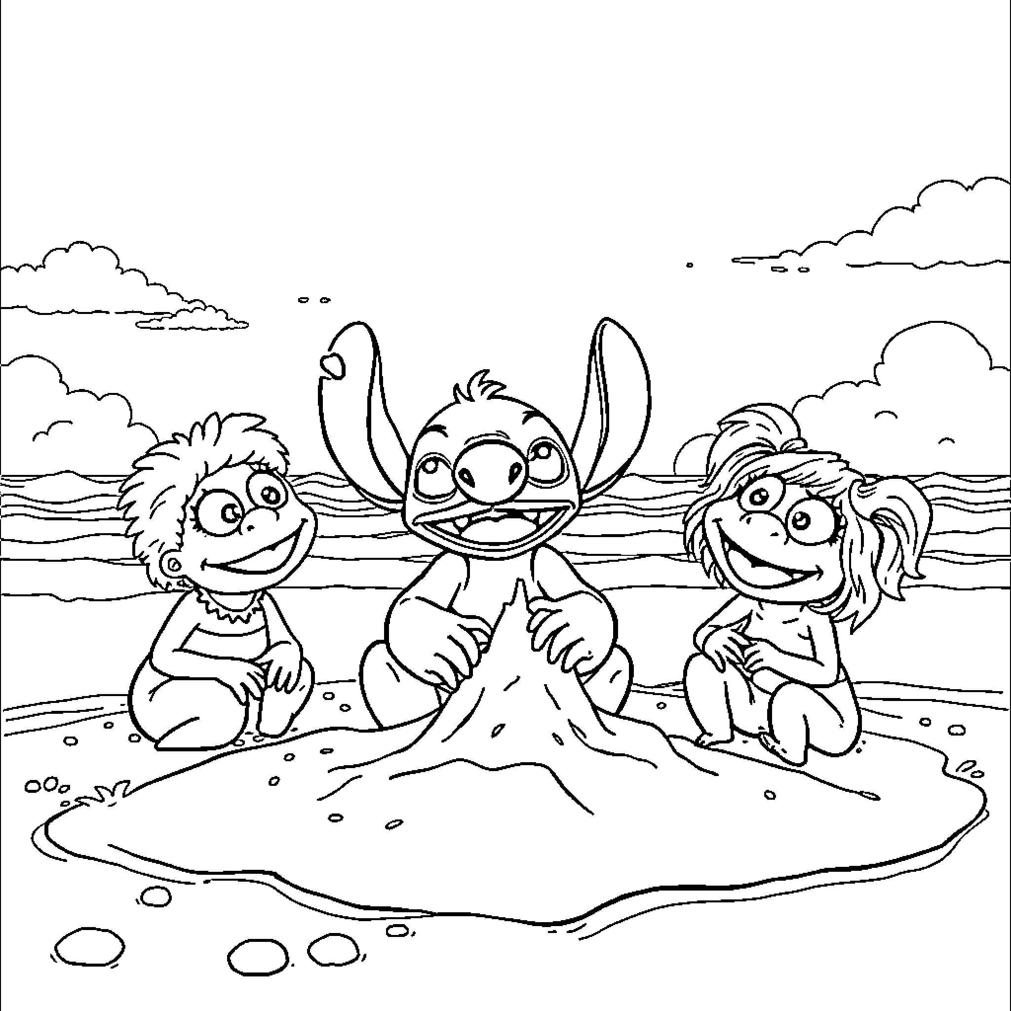 Muppet characters playing together at the beach Coloring Page (free black-and-white line drawing printable PDF for all, from beginners to advanced learners, including children, teens, adults, and seniors)