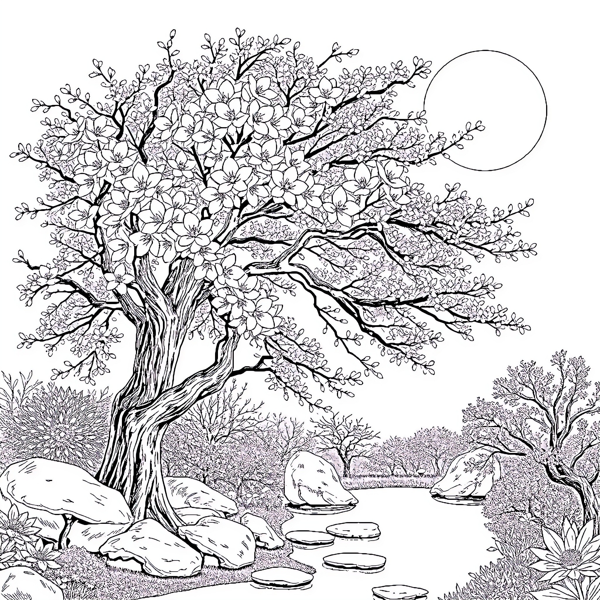 Sakura Tree Blossoming in Serene Nature Landscape Coloring Page (free black-and-white line drawing printable PDF for all, from beginners to advanced learners, including children, teens, adults, and seniors)